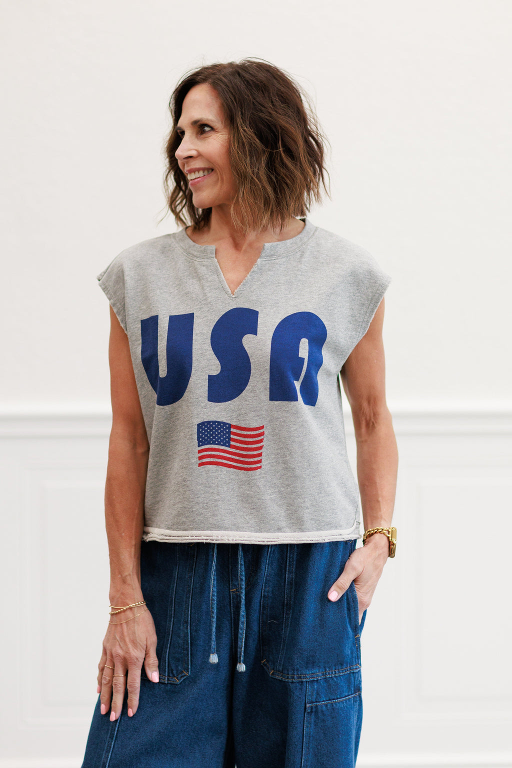 4th Of July Usa Flag Tank Top in Heather Grey