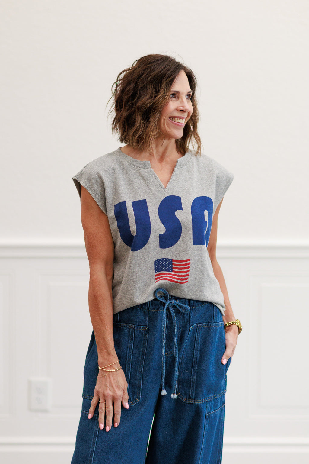4th Of July Usa Flag Tank Top in Heather Grey