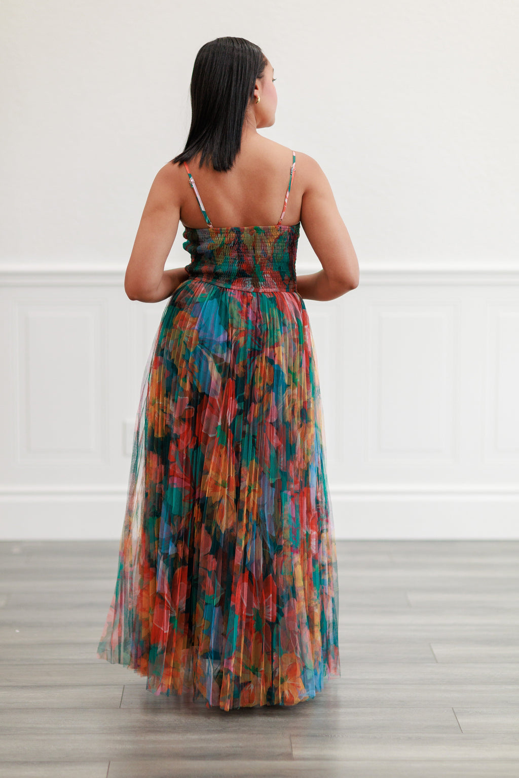 Pleated Floral Tulle Maxi Dress in Multi Orange