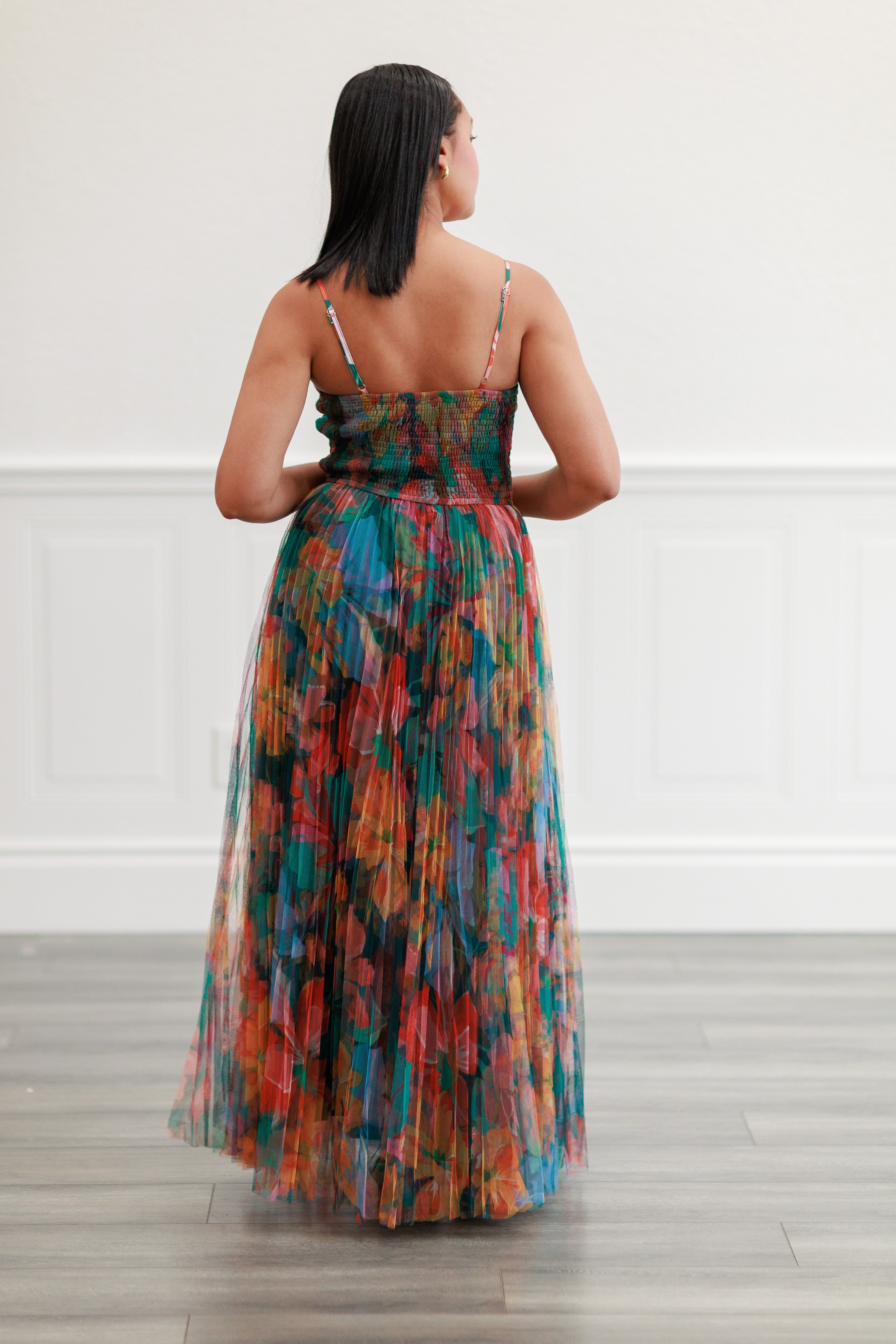 Pleated Floral Tulle Maxi Dress in Multi Orange