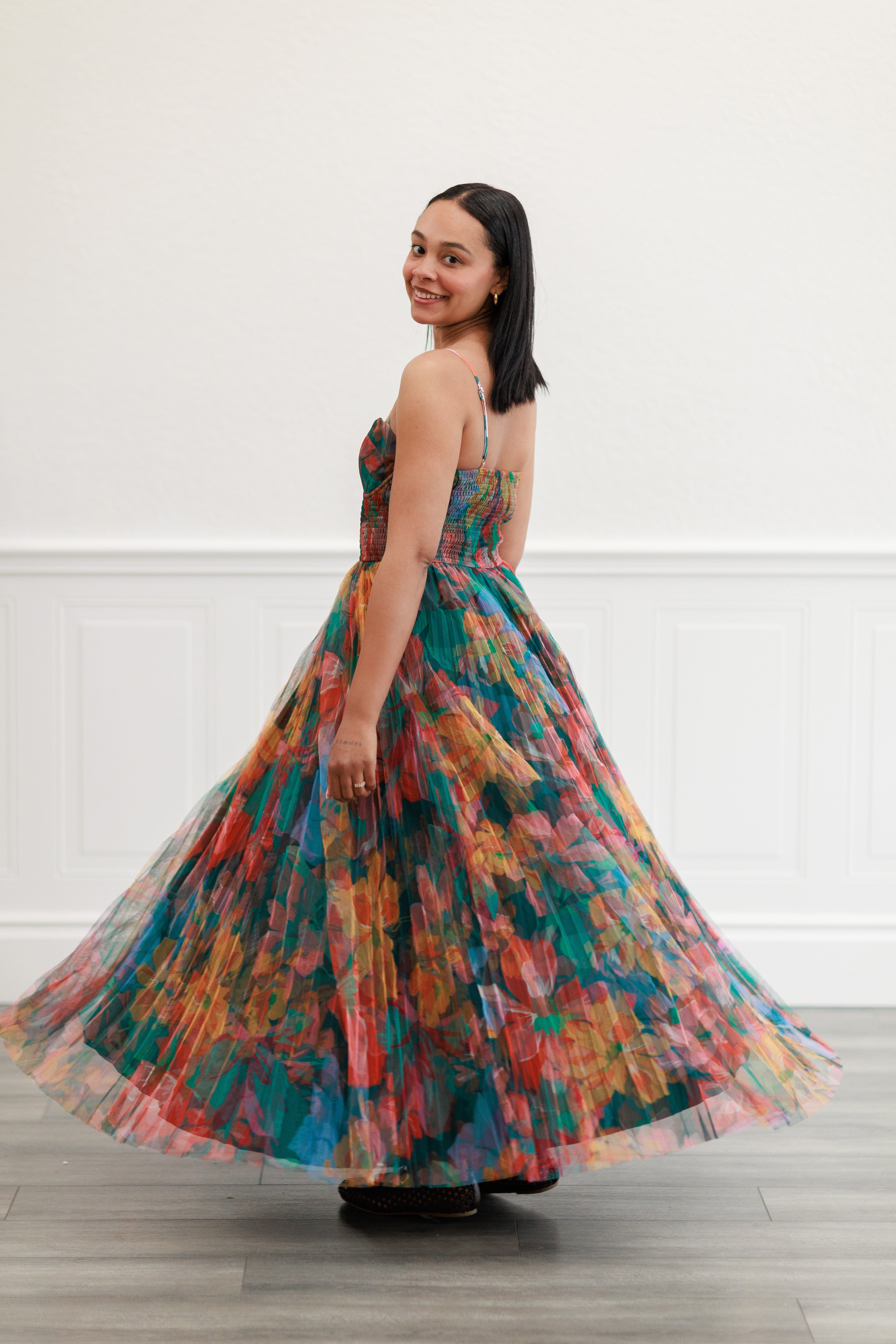 Pleated Floral Tulle Maxi Dress in Multi Orange