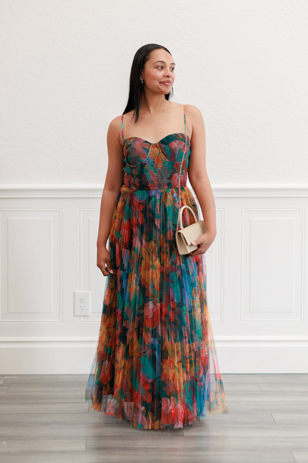 Pleated Floral Tulle Maxi Dress in Multi Orange