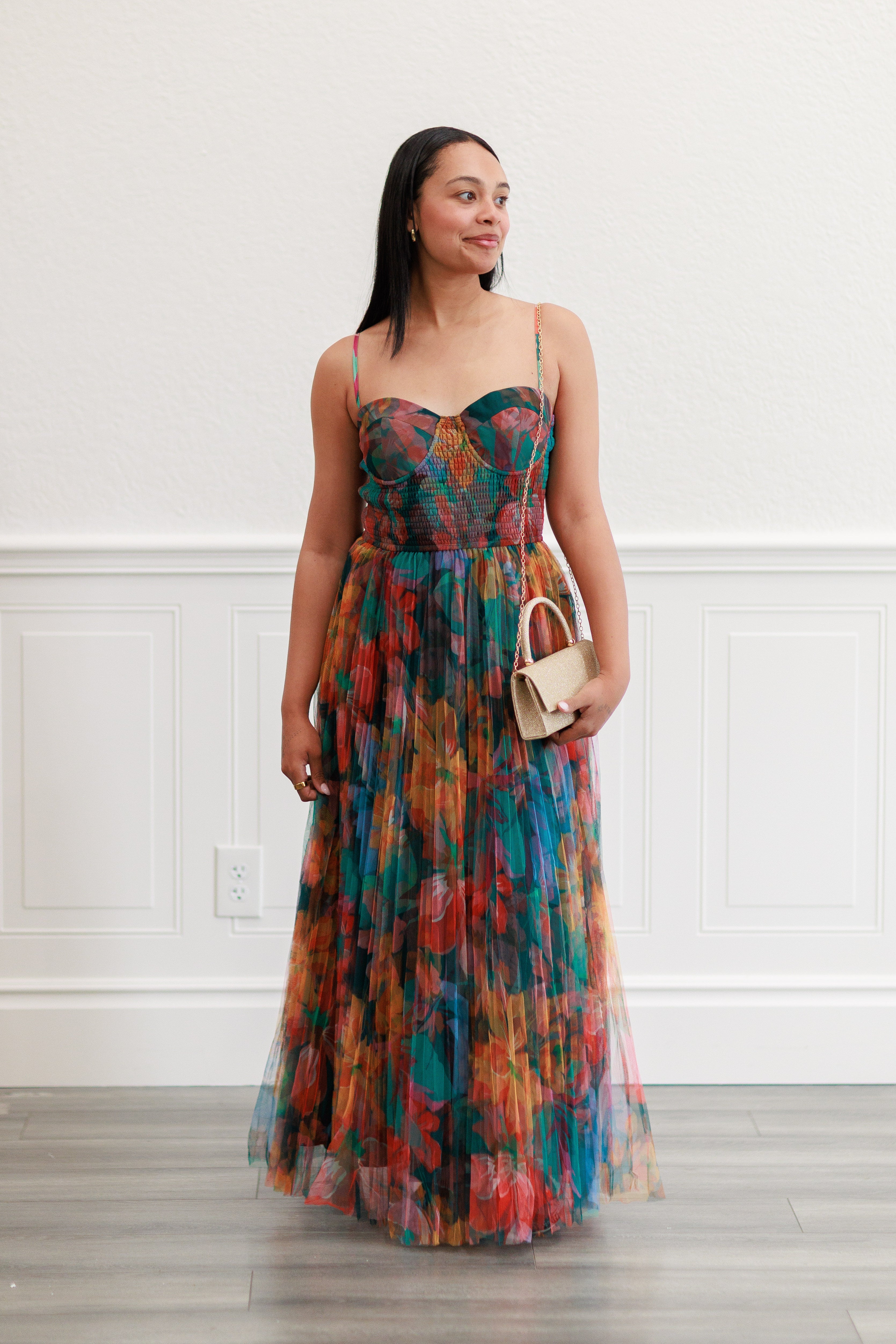 Pleated Floral Tulle Maxi Dress in Multi Orange