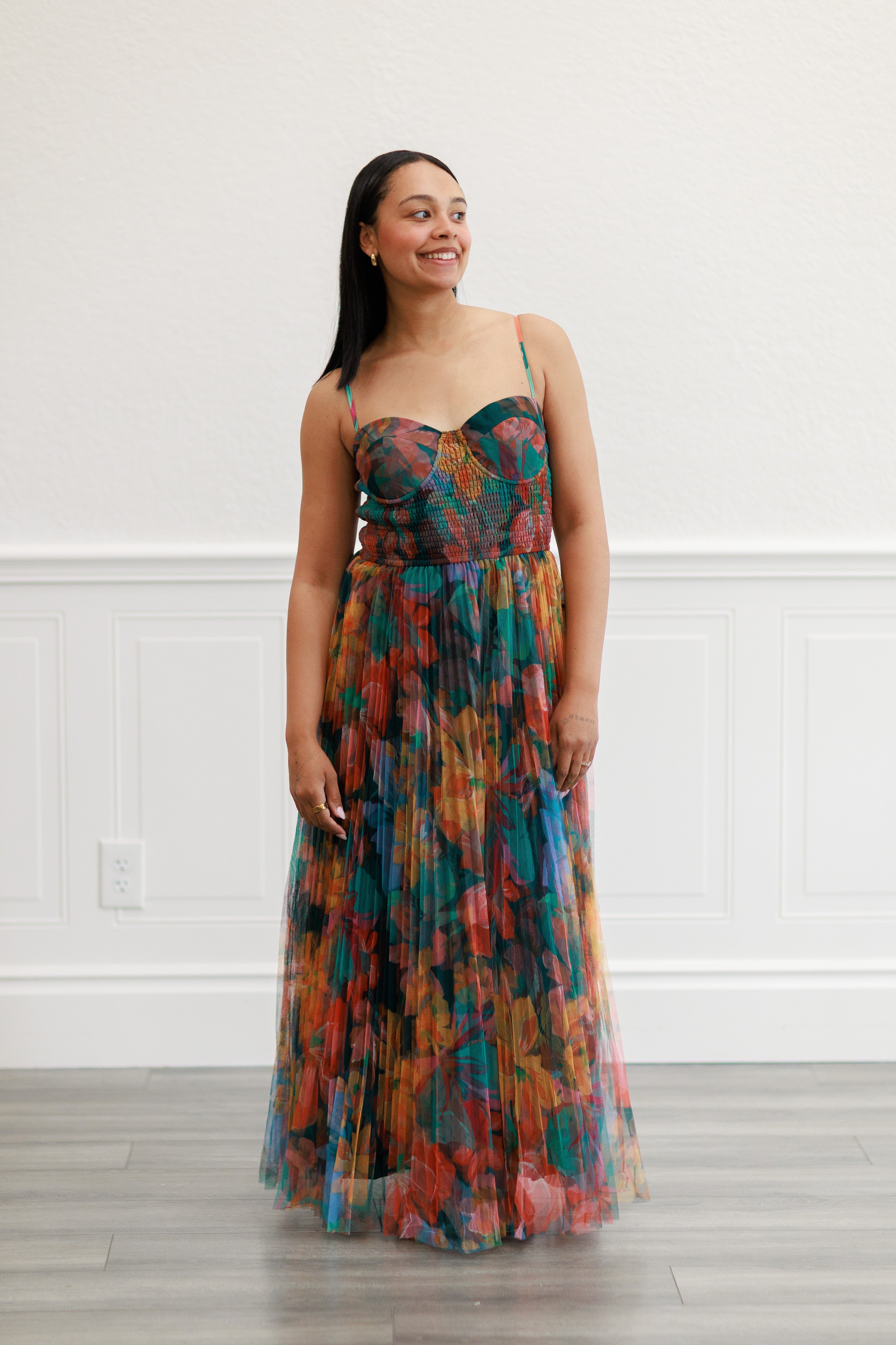 Pleated Floral Tulle Maxi Dress in Multi Orange