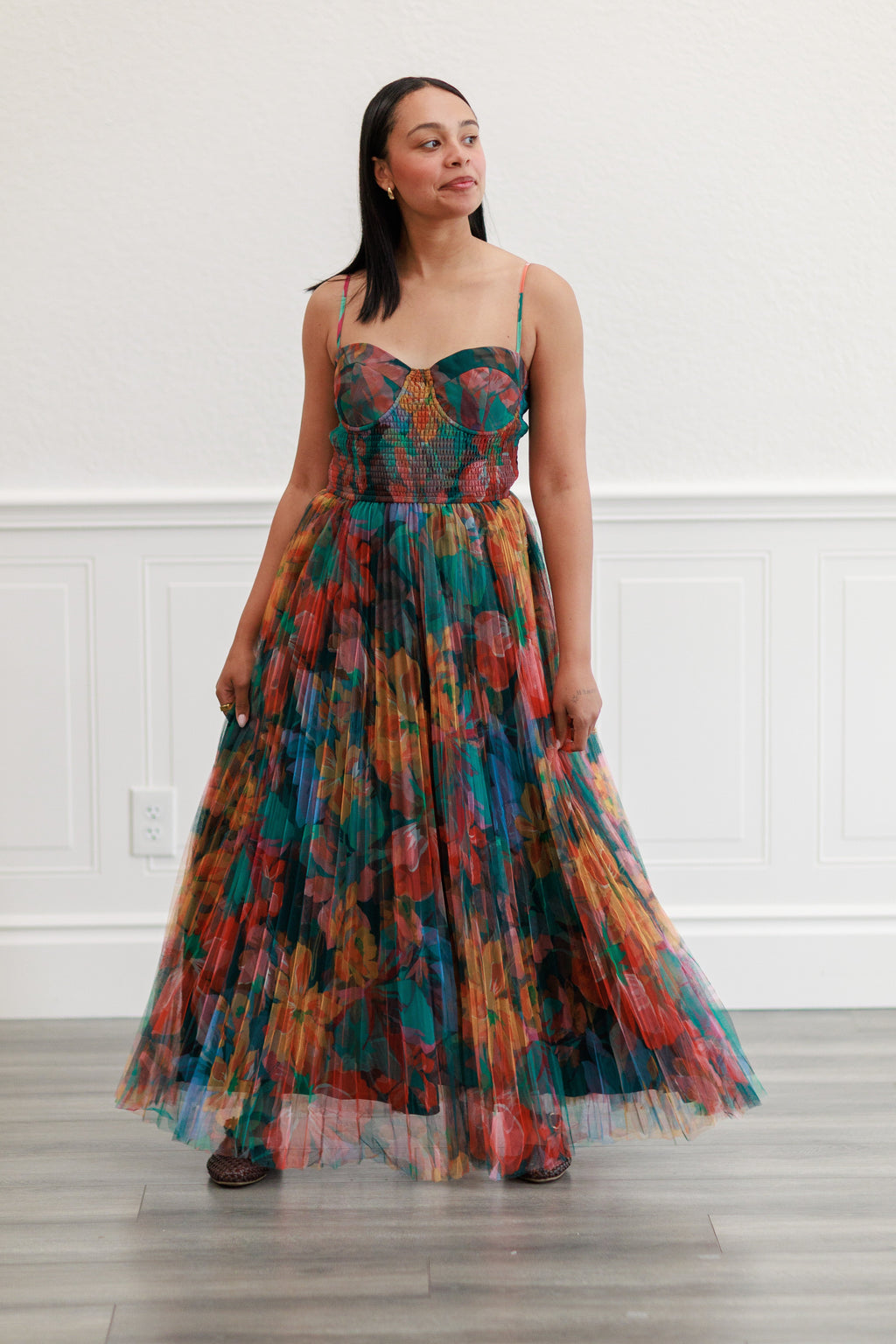 Pleated Floral Tulle Maxi Dress in Multi Orange