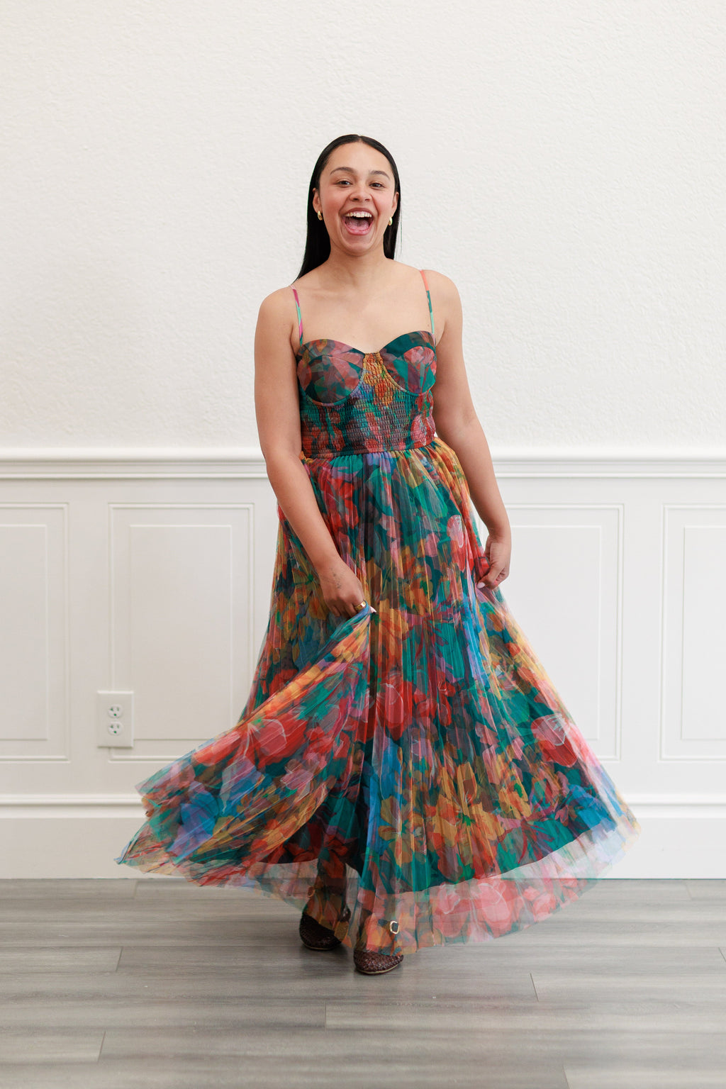 Pleated Floral Tulle Maxi Dress in Multi Orange