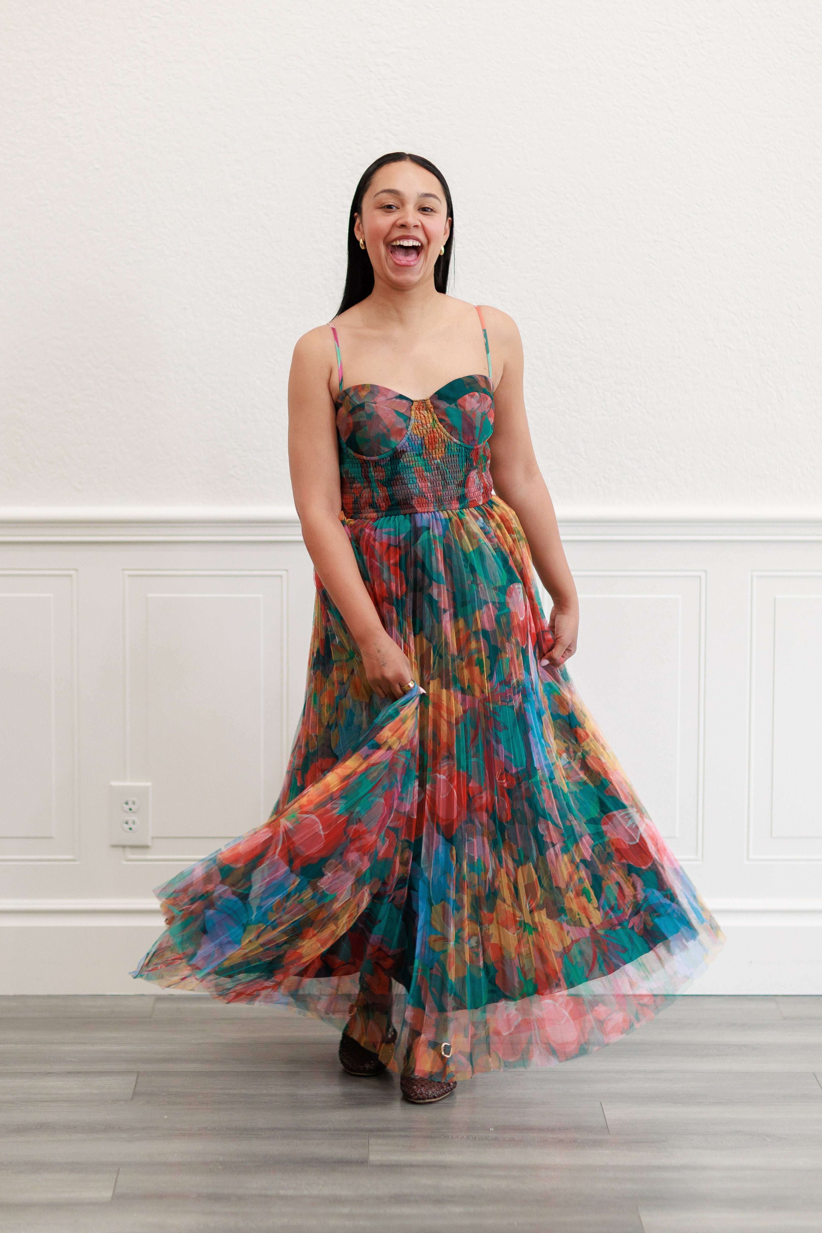Pleated Floral Tulle Maxi Dress in Multi Orange