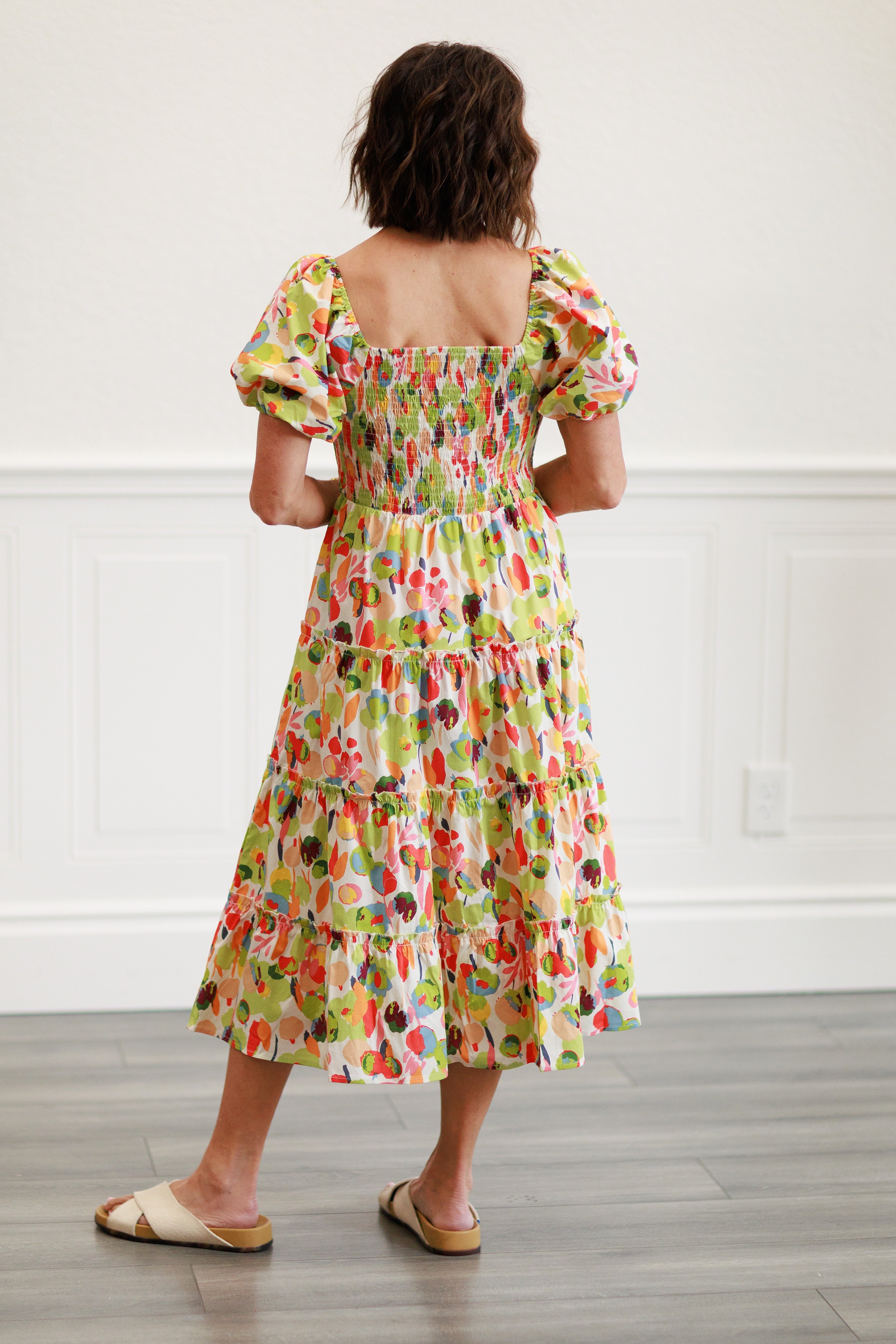 Printed Cotton Poplin Tiered Dress in Coral Sage