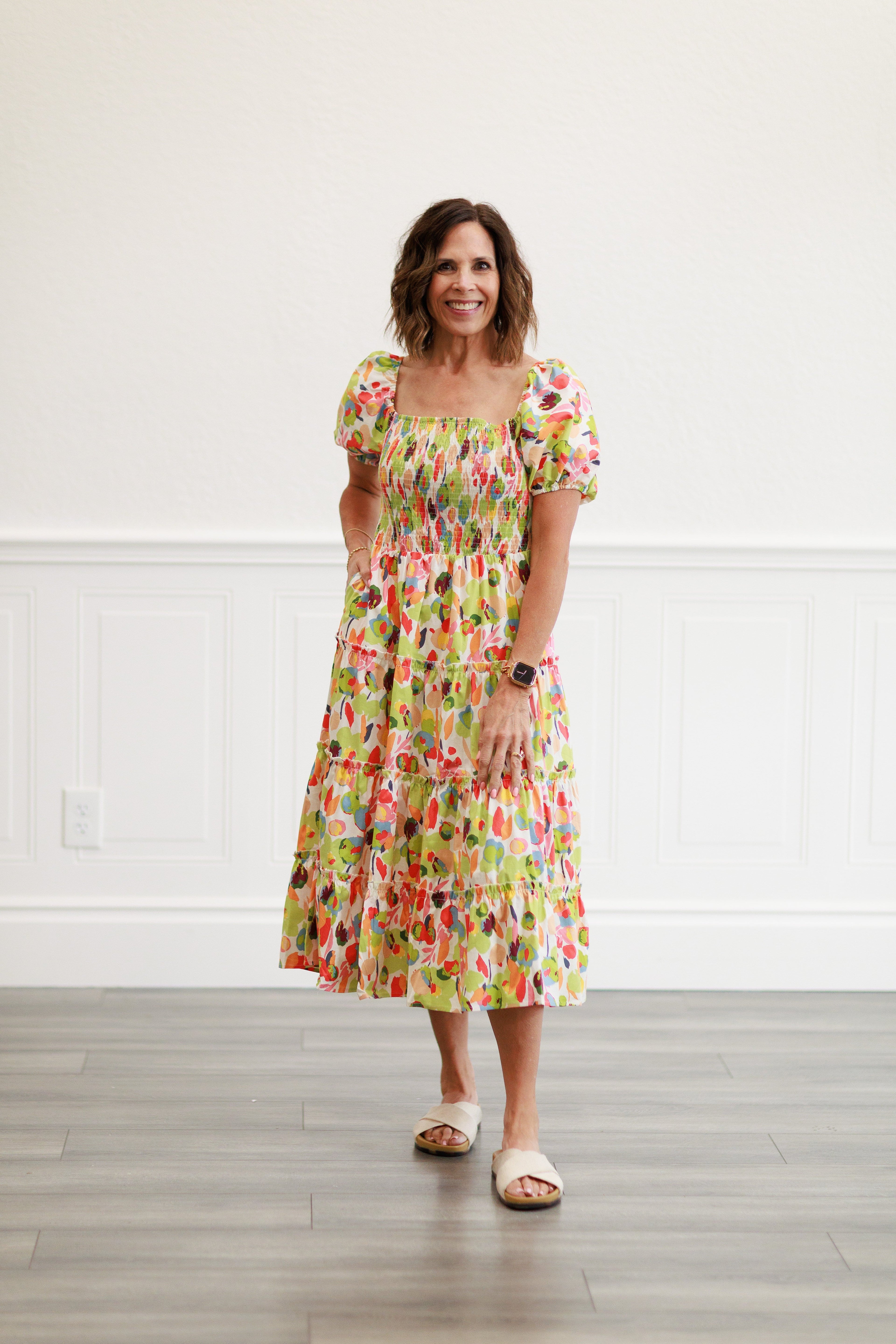 Printed Cotton Poplin Tiered Dress in Coral Sage