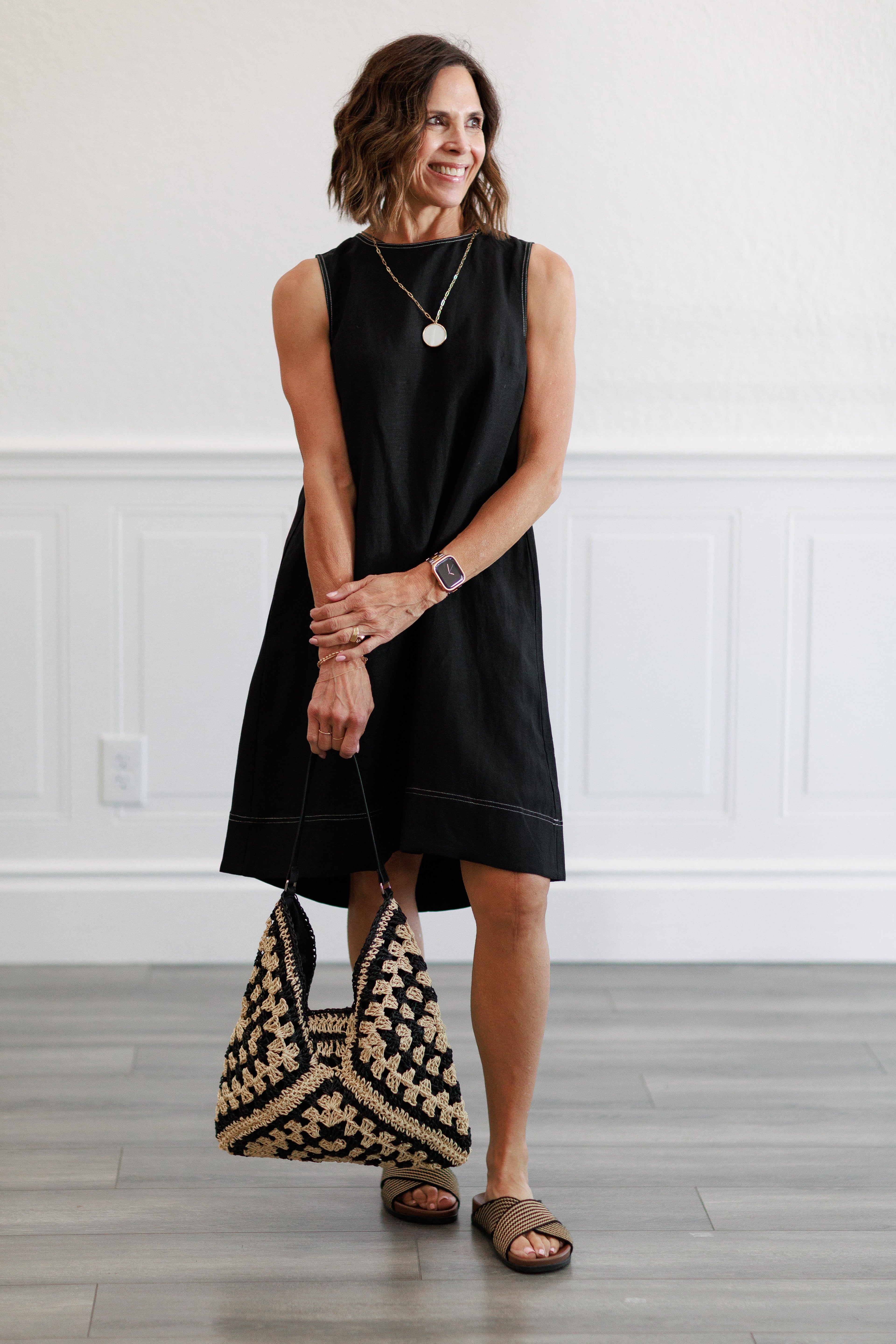 Linen Pleated Back A-Line Dress in Black