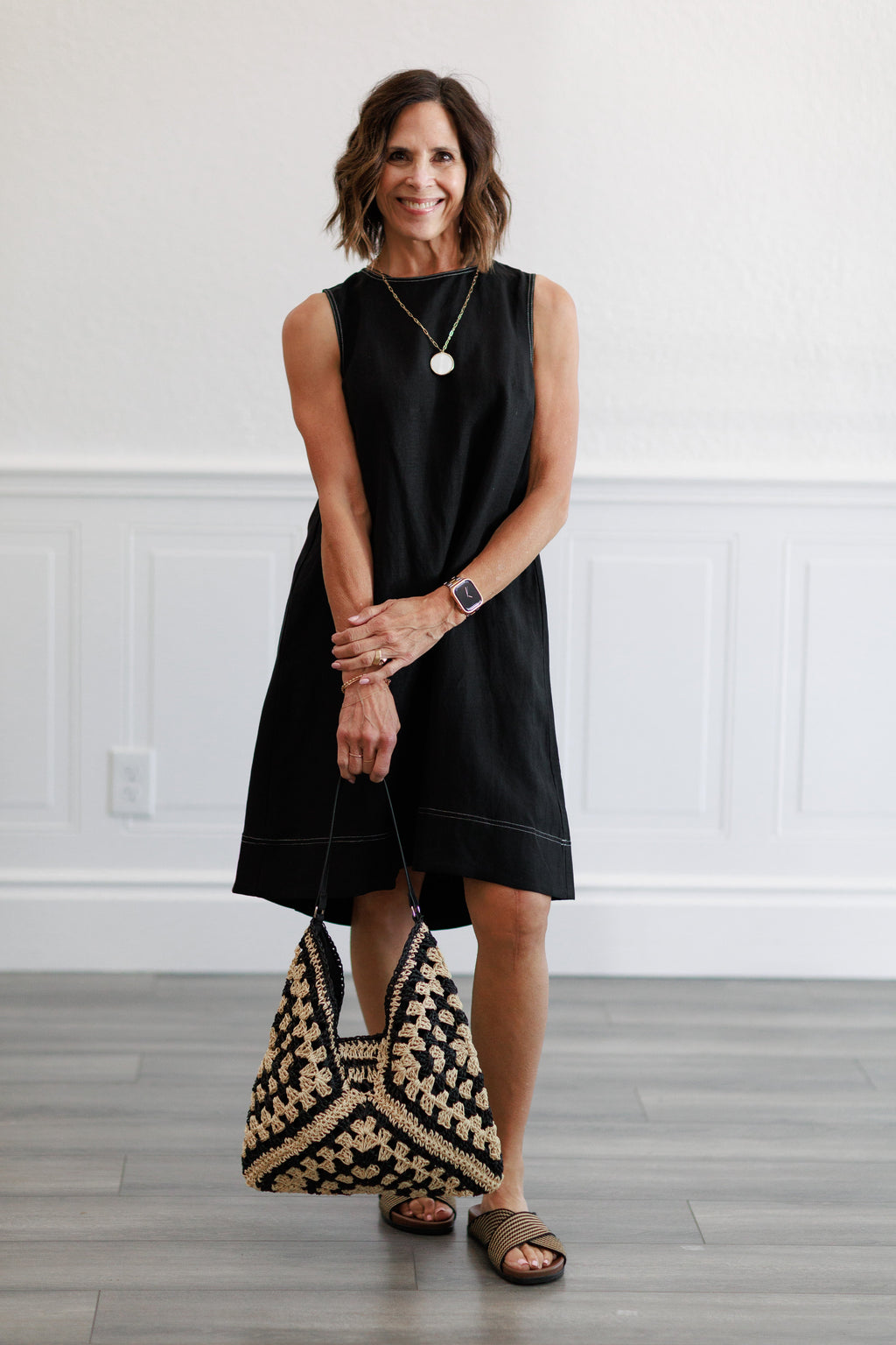 Linen Pleated Back A-Line Dress in Black