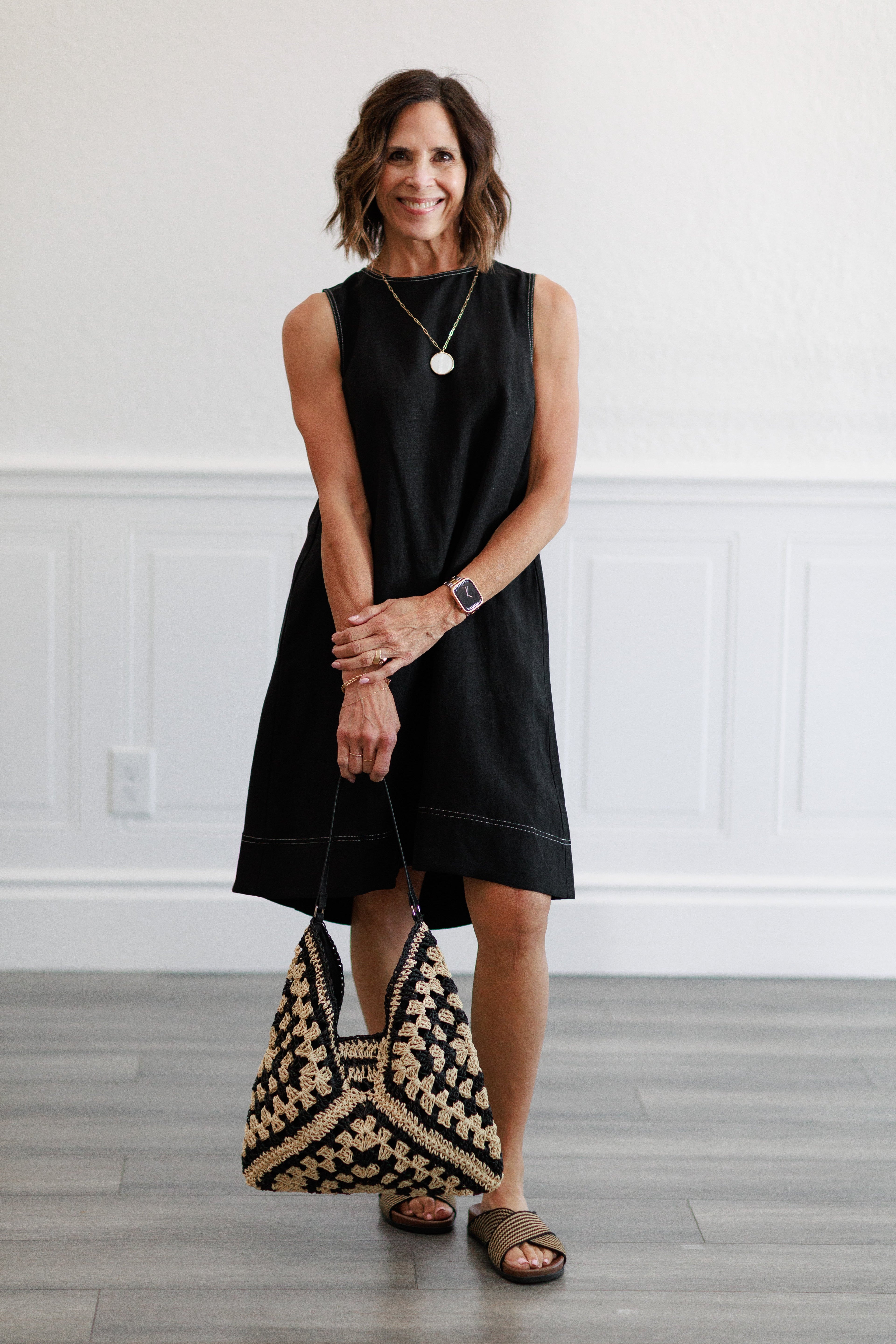 Linen Pleated Back A-Line Dress in Black