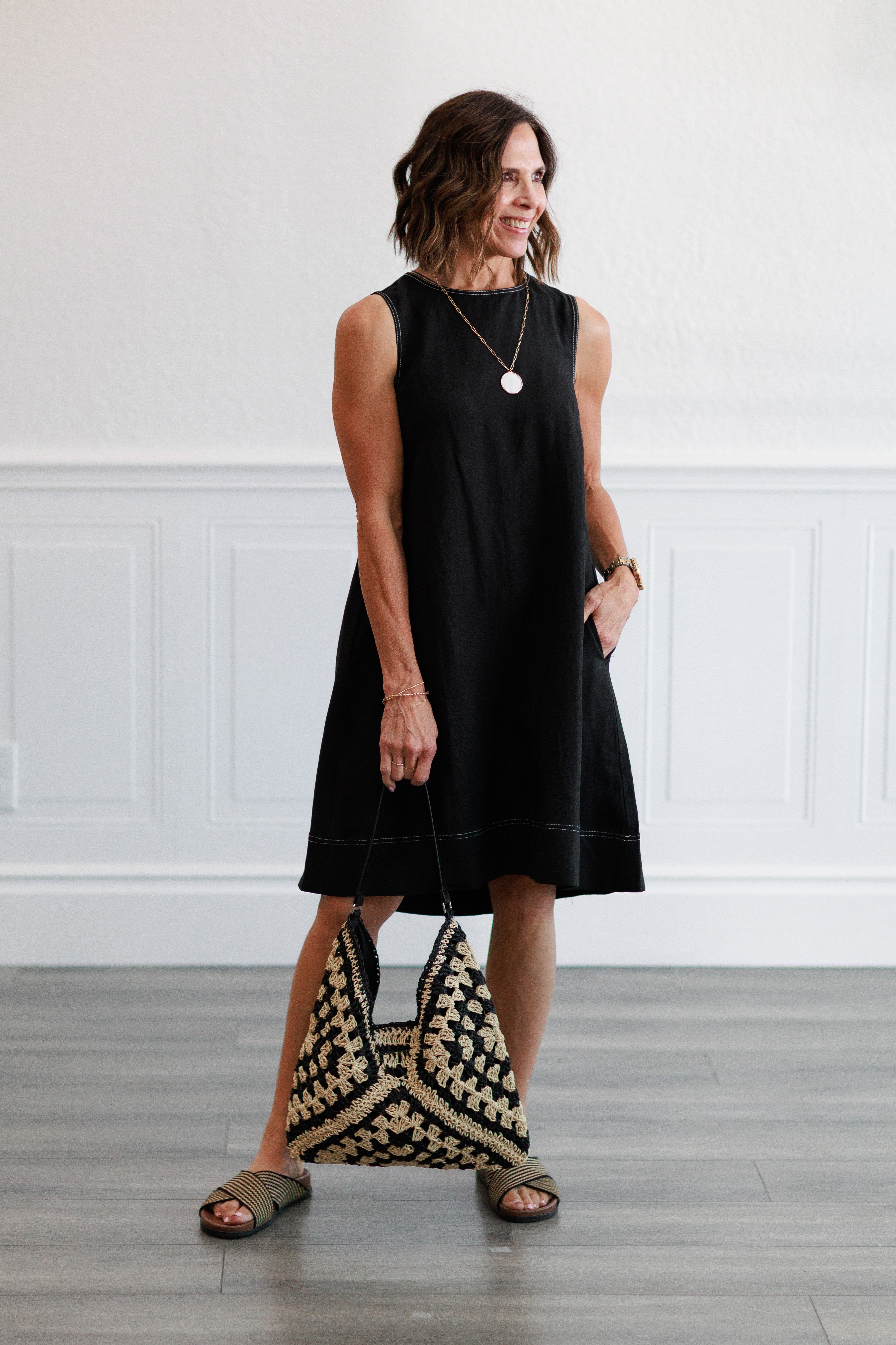 Linen Pleated Back A-Line Dress in Black