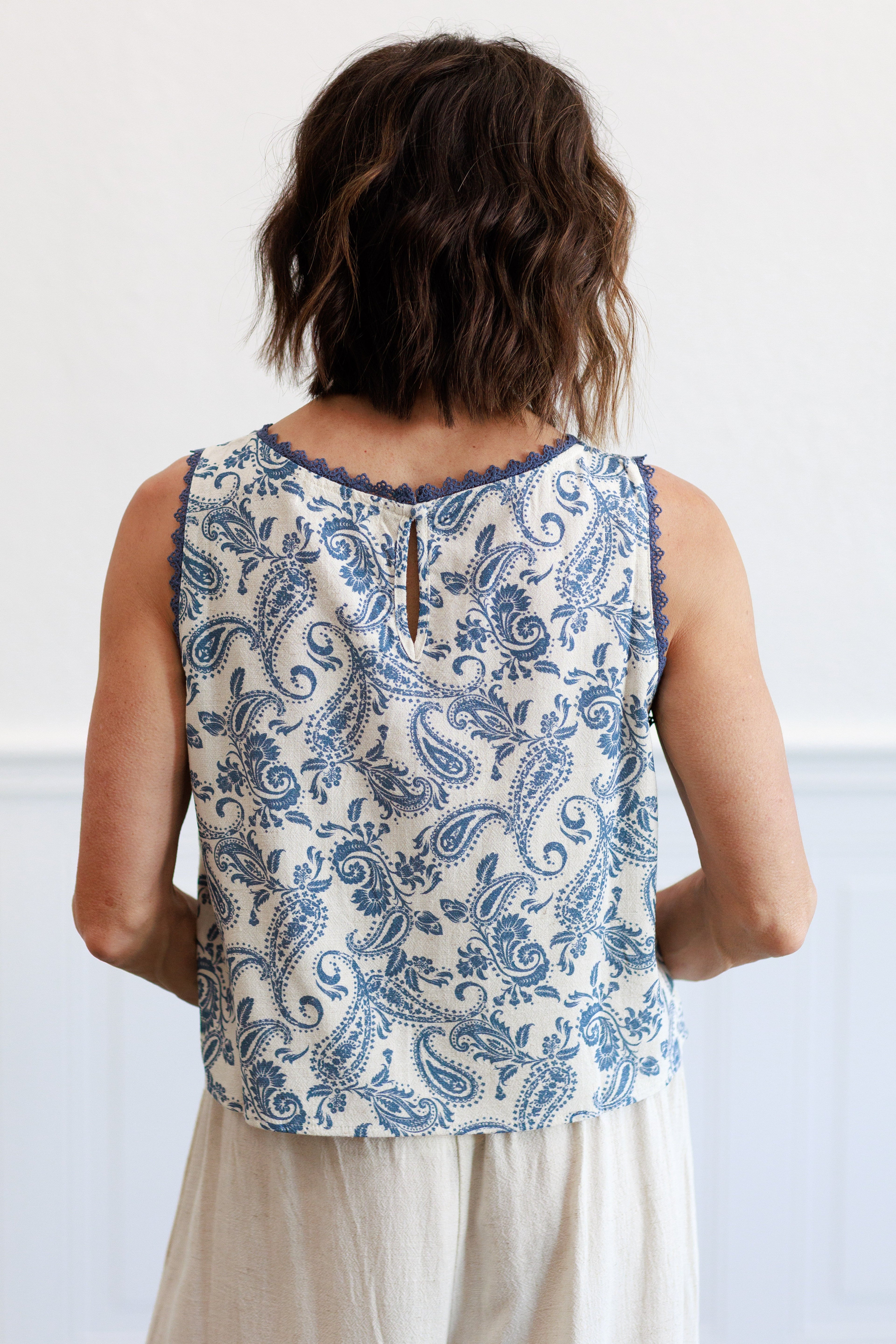 Blue Paisley Crochet Trim Linen Top