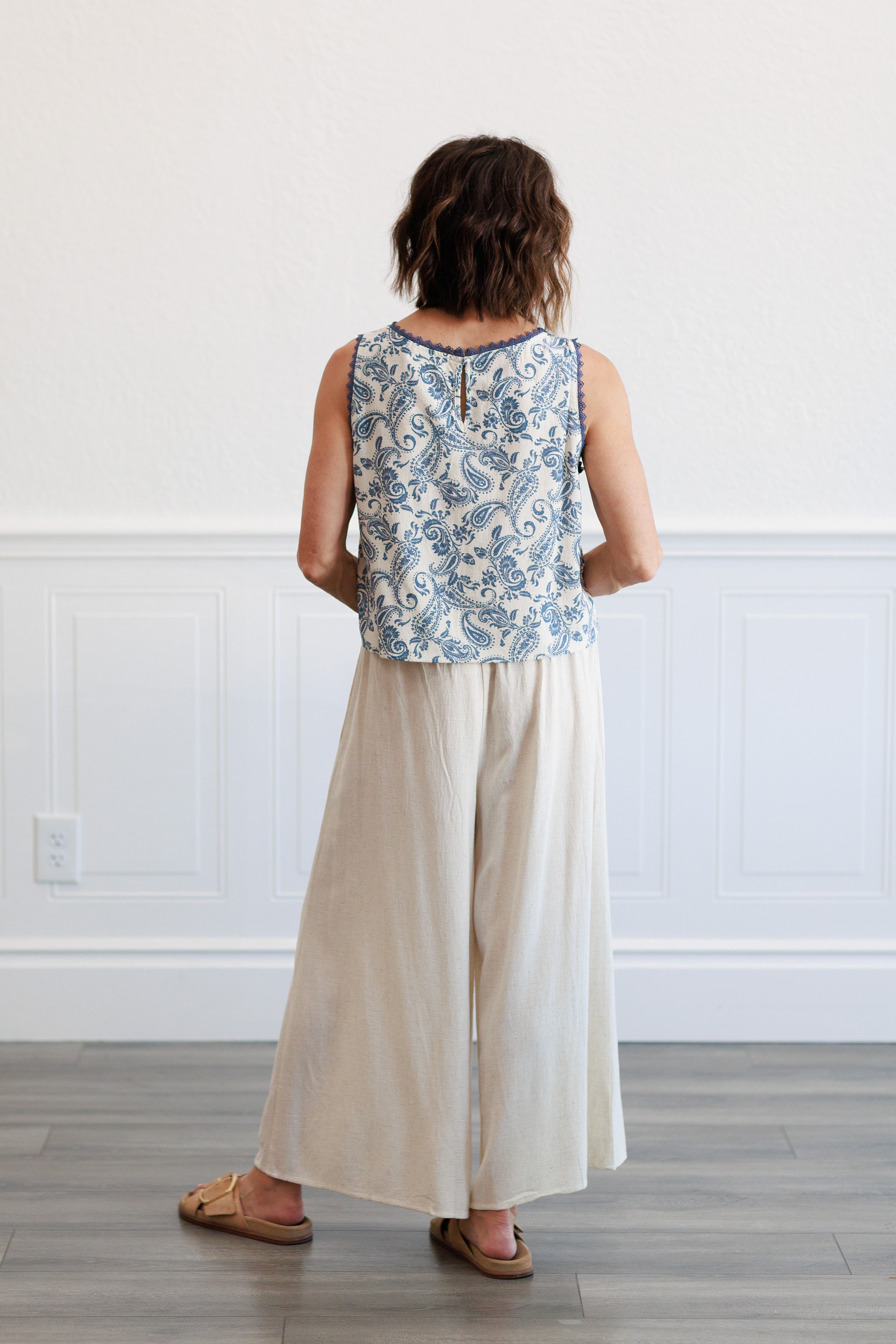 Blue Paisley Crochet Trim Linen Top