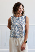 Blue Paisley Crochet Trim Linen Top