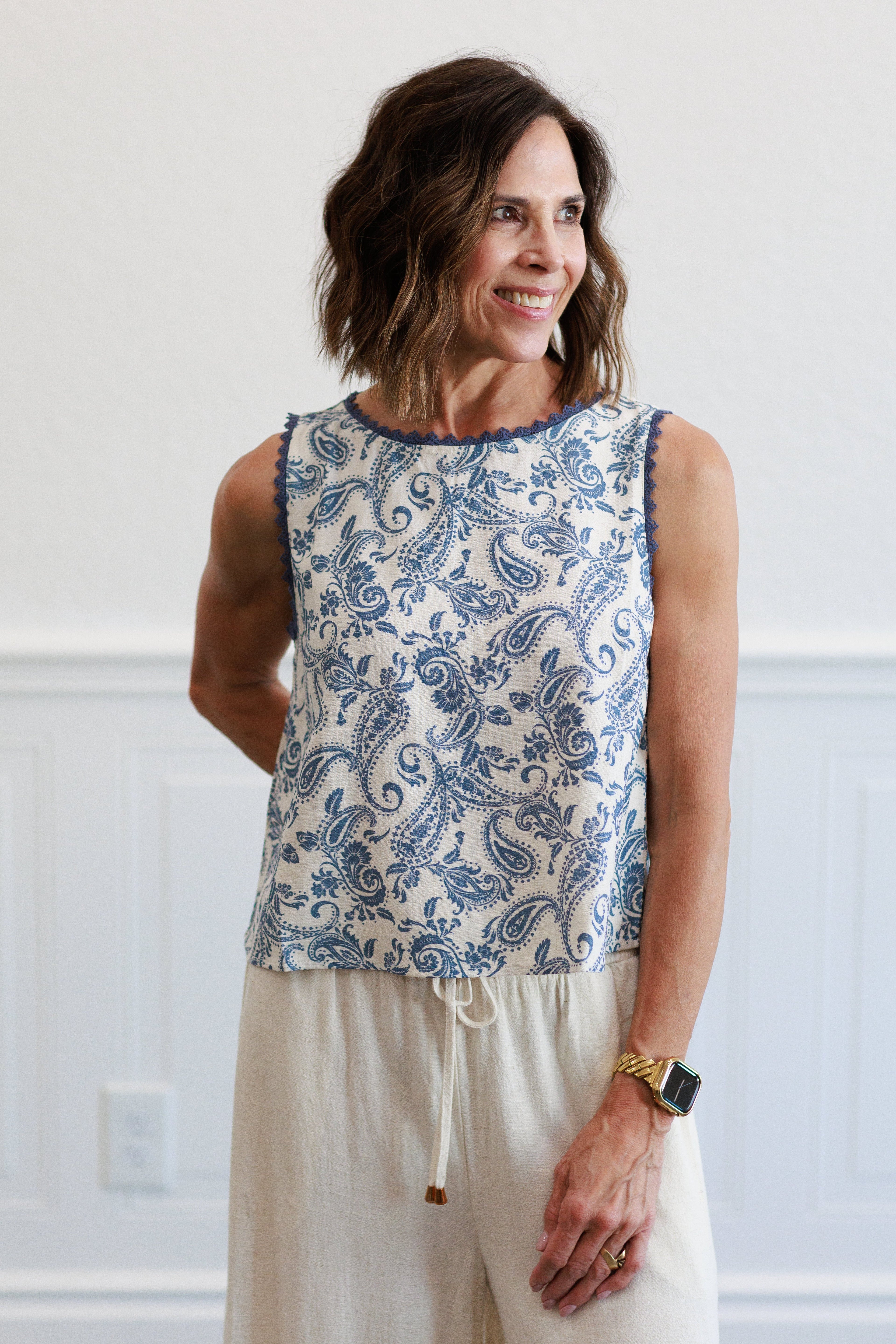Blue Paisley Crochet Trim Linen Top