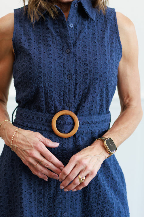 Button Down Eyelet Dress in Navy