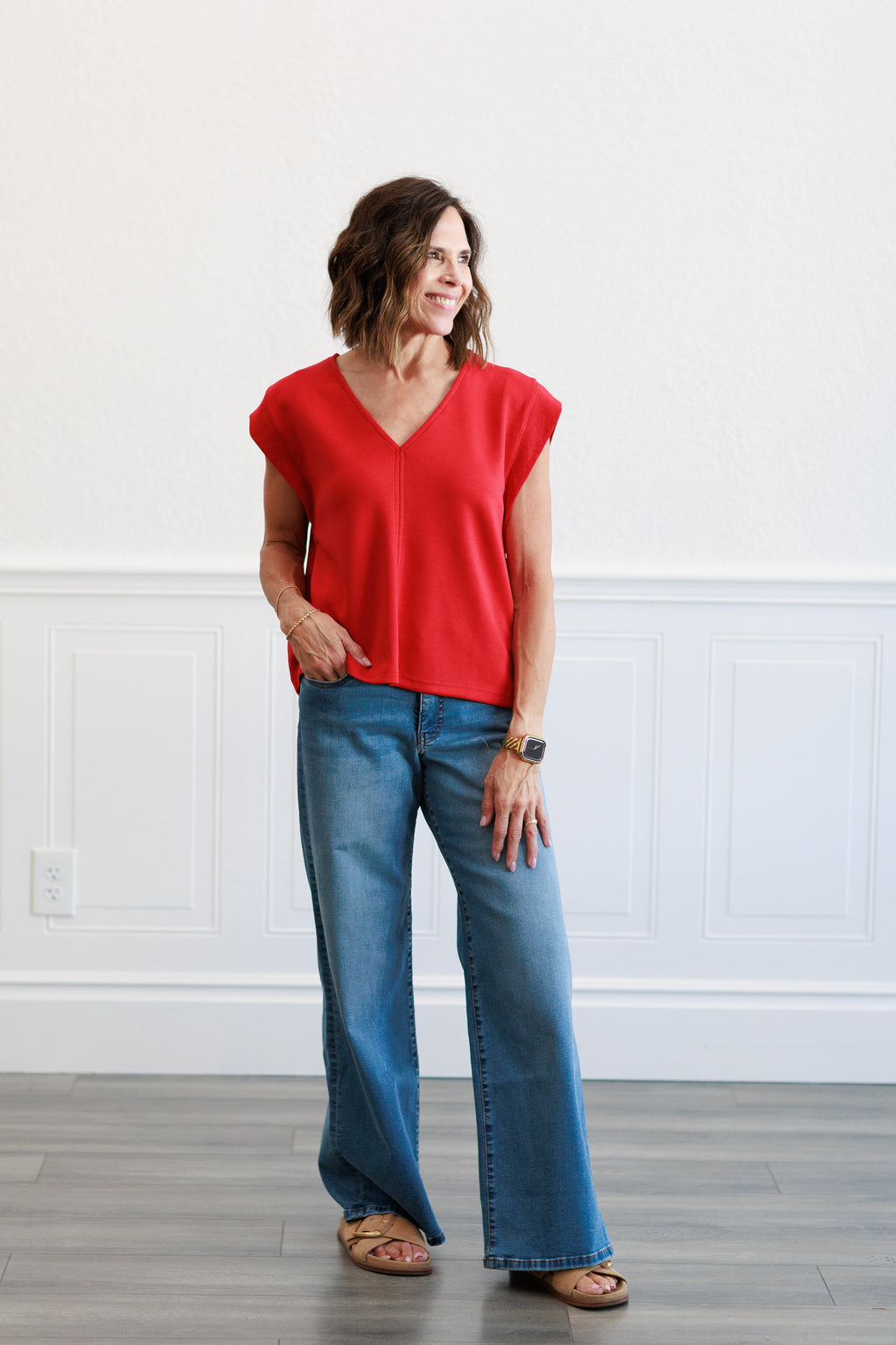 Solid Cap Sleeve Top in Red