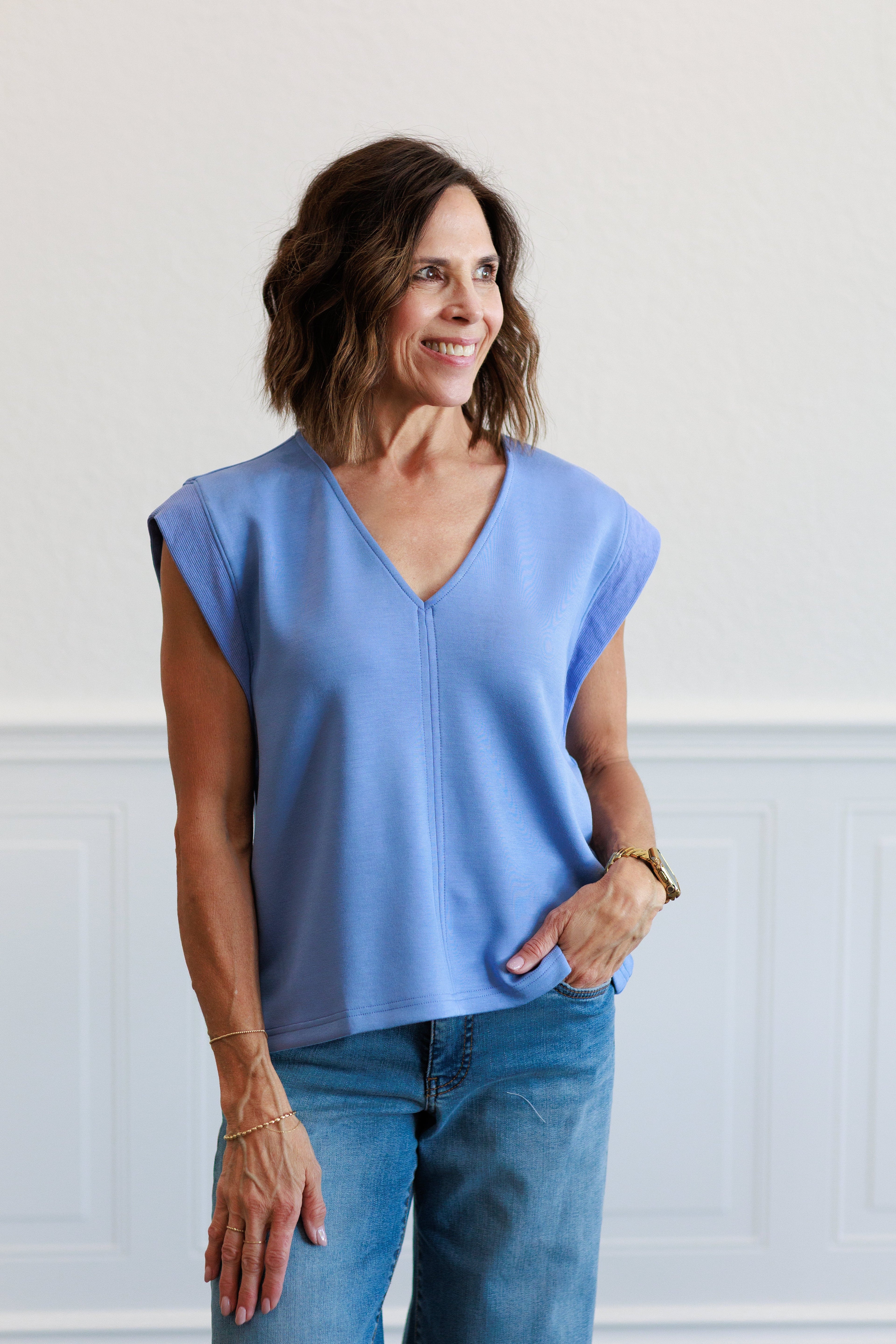 Solid Cap Sleeve Top in Blue