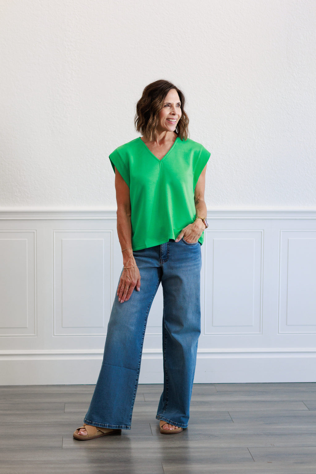 Solid Cap Sleeve Top in Green