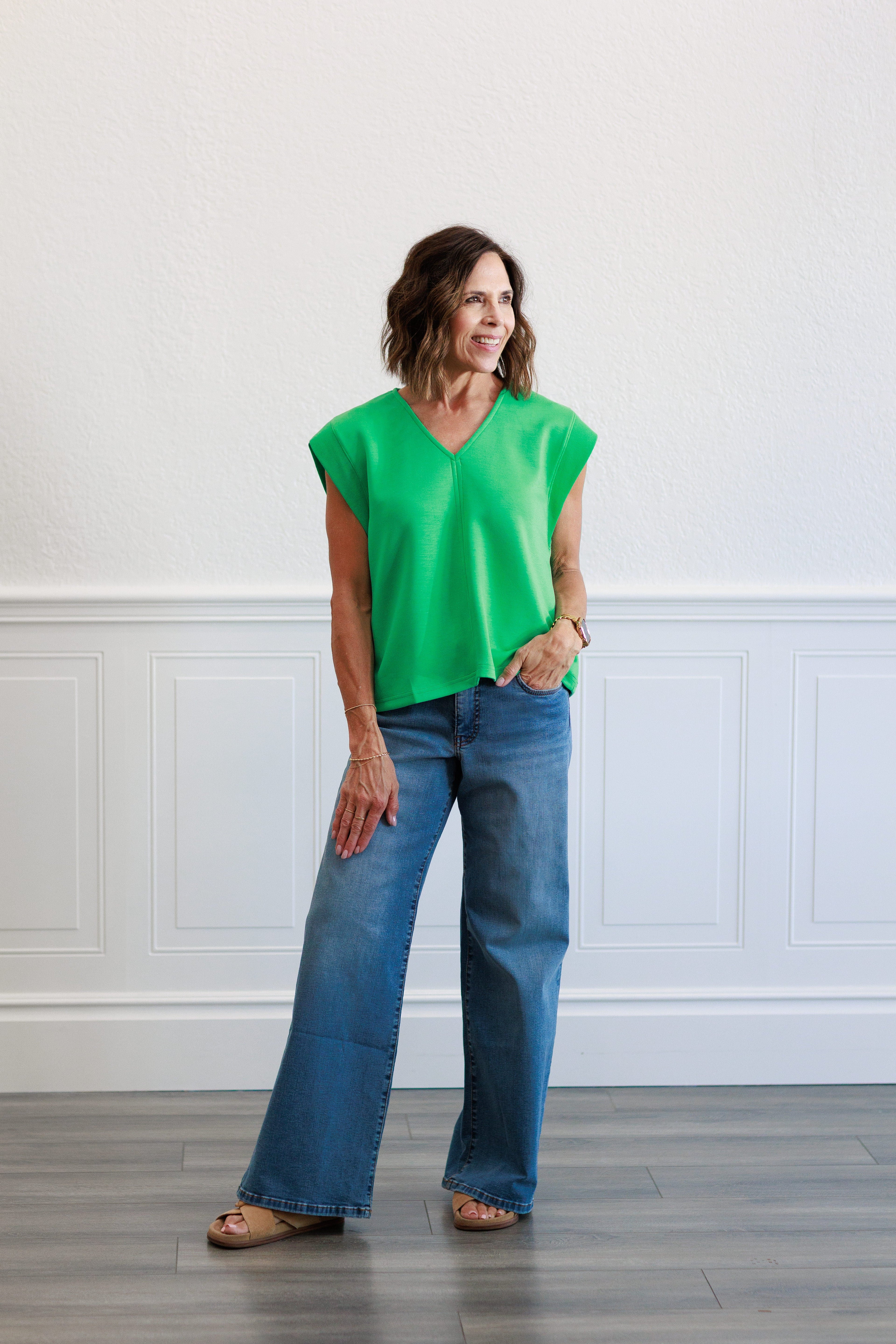 Solid Cap Sleeve Top in Green
