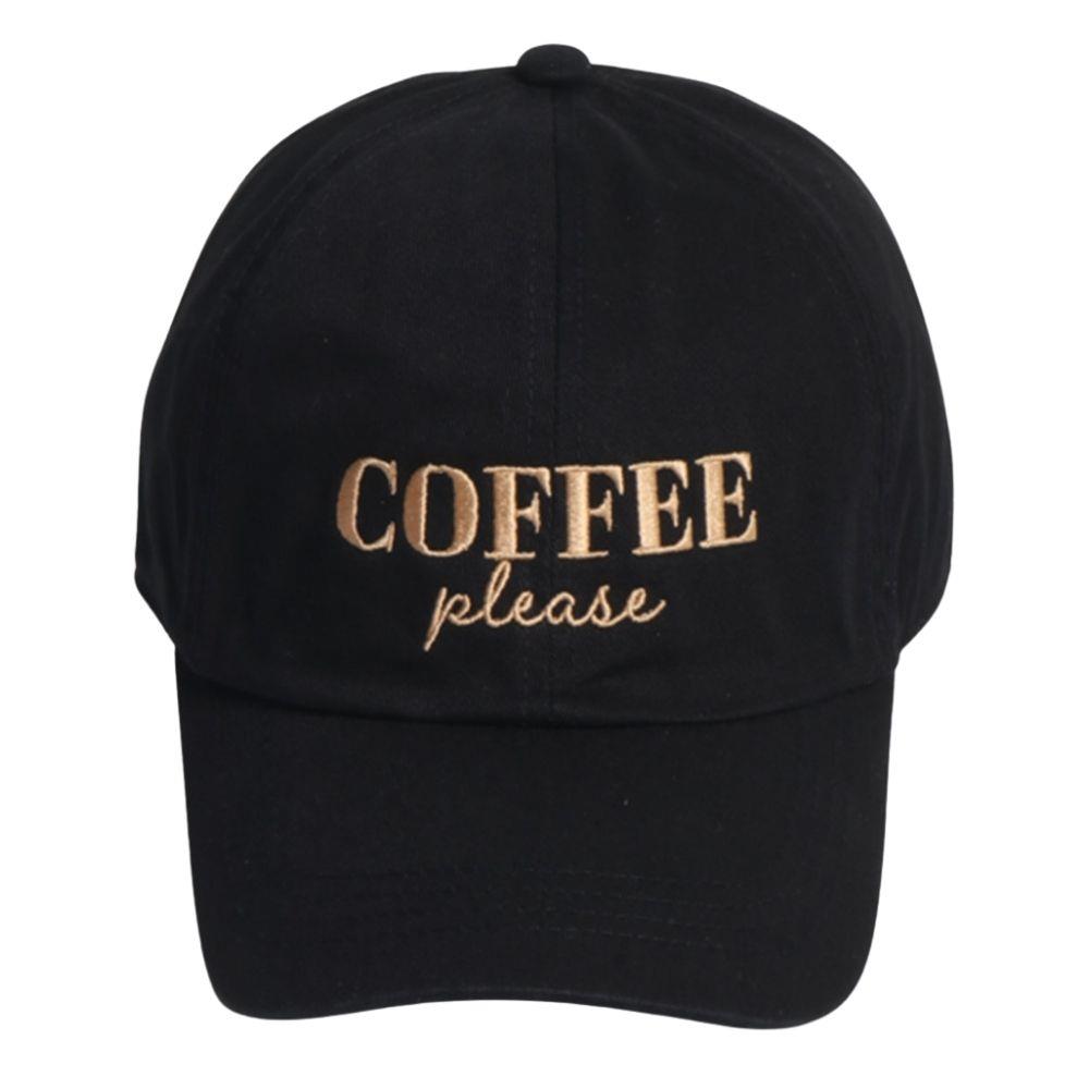 Coffee Please Emb Washed Cap in Black
