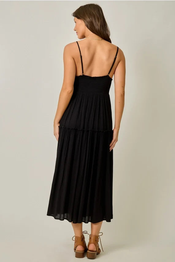 Embroidered Boho Midi Dress in Black