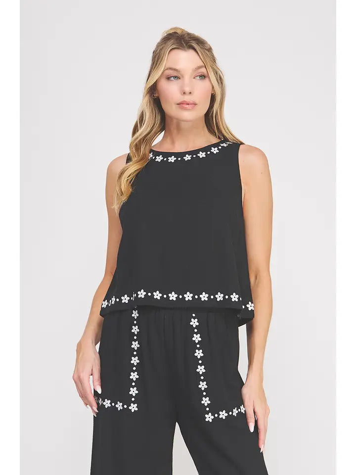 Embroidered Soft Linen Sleeveless Tank Top