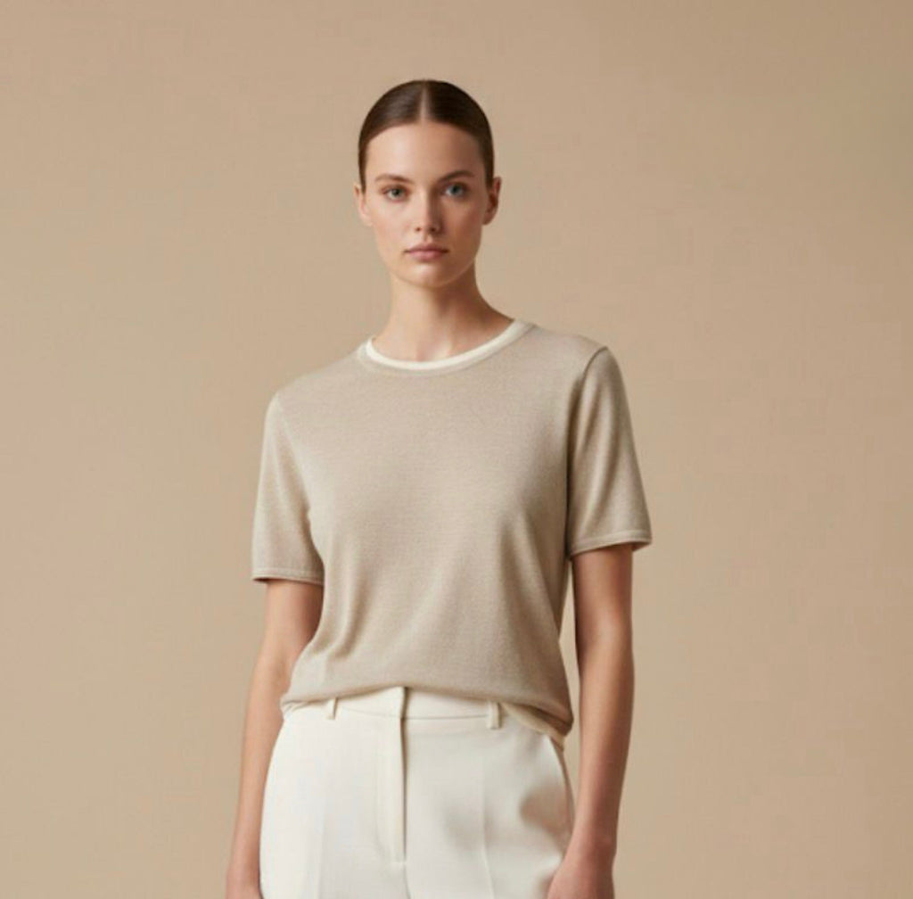 Contrast Neck Knit Top in Taupe