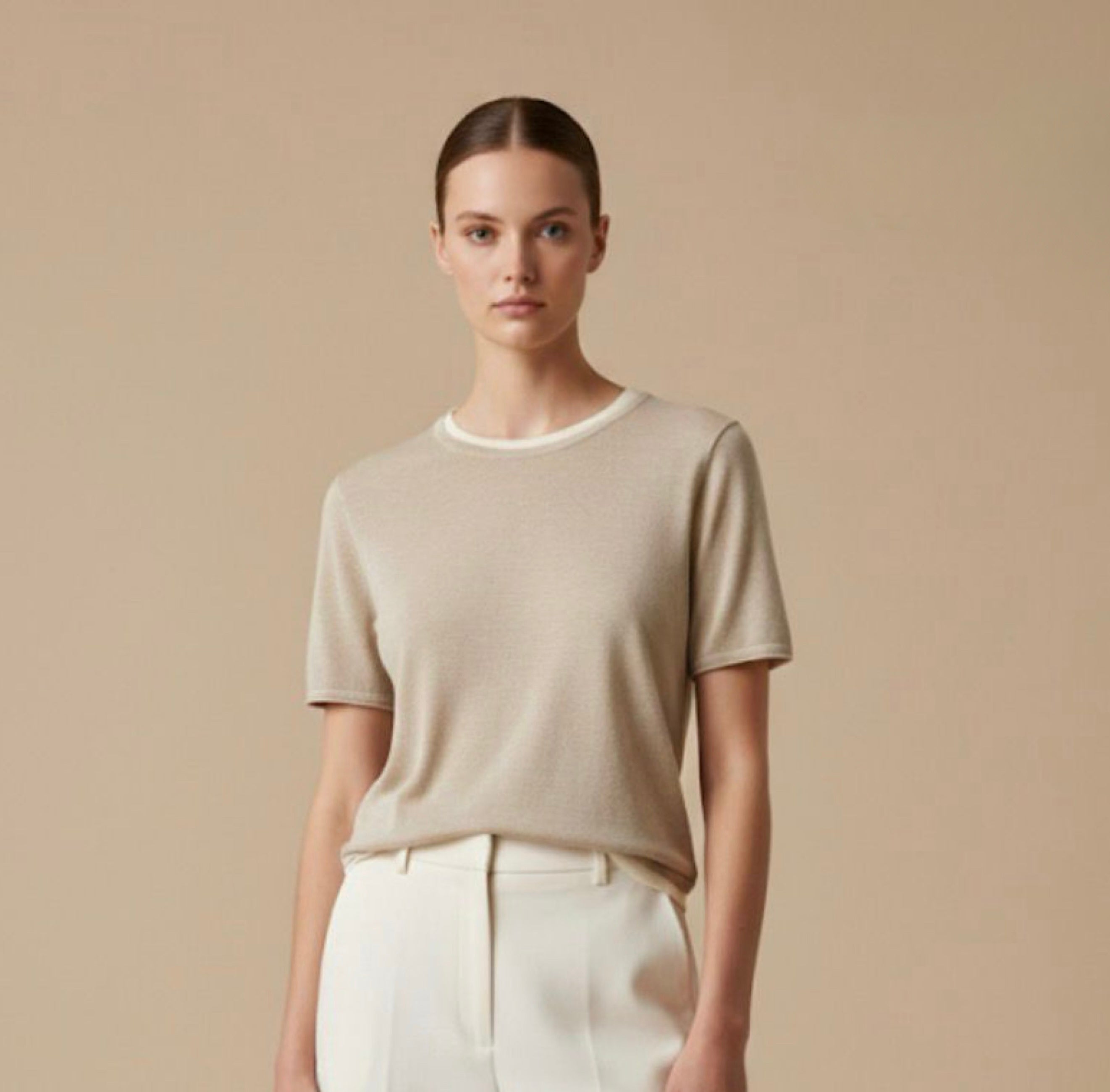 Contrast Neck Knit Top in Taupe