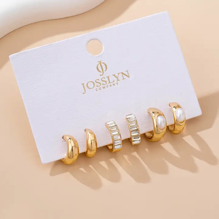 Gold Pearl & Baguette Huggie Hoop Trio Earring Set