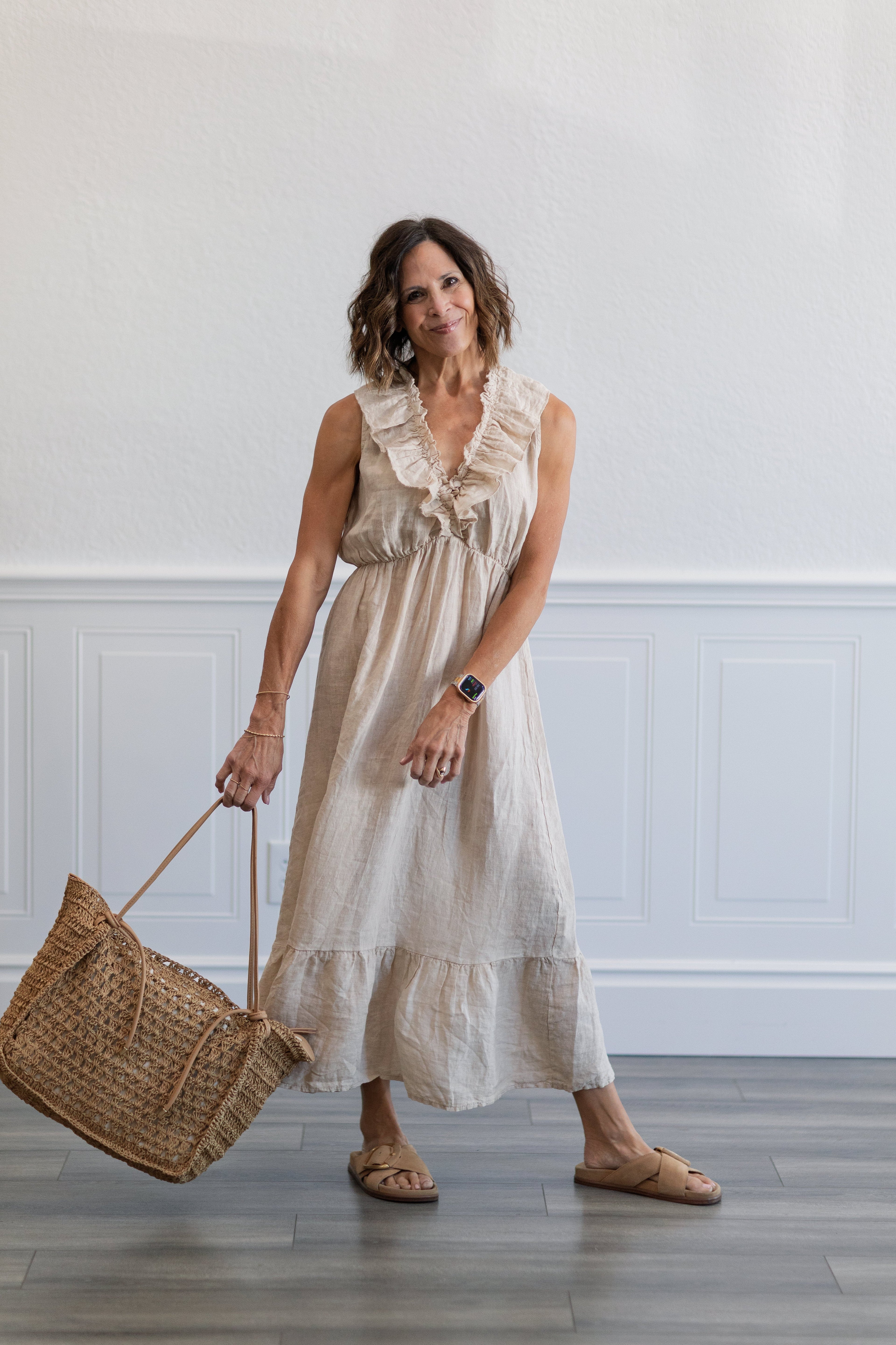 Ruffle Sleeveless Linen Midi Dress in Beige