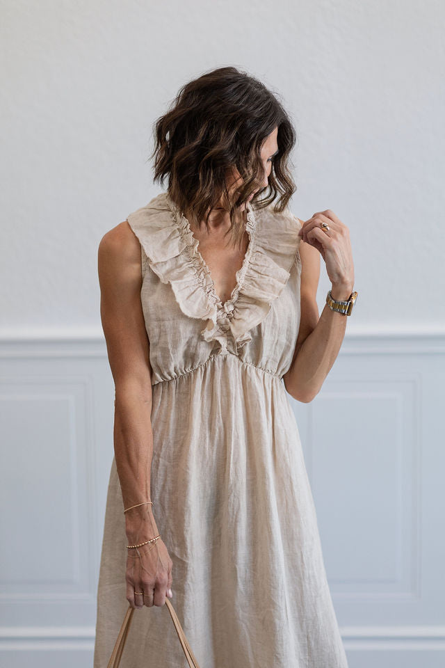 Ruffle Sleeveless Linen Midi Dress in Beige