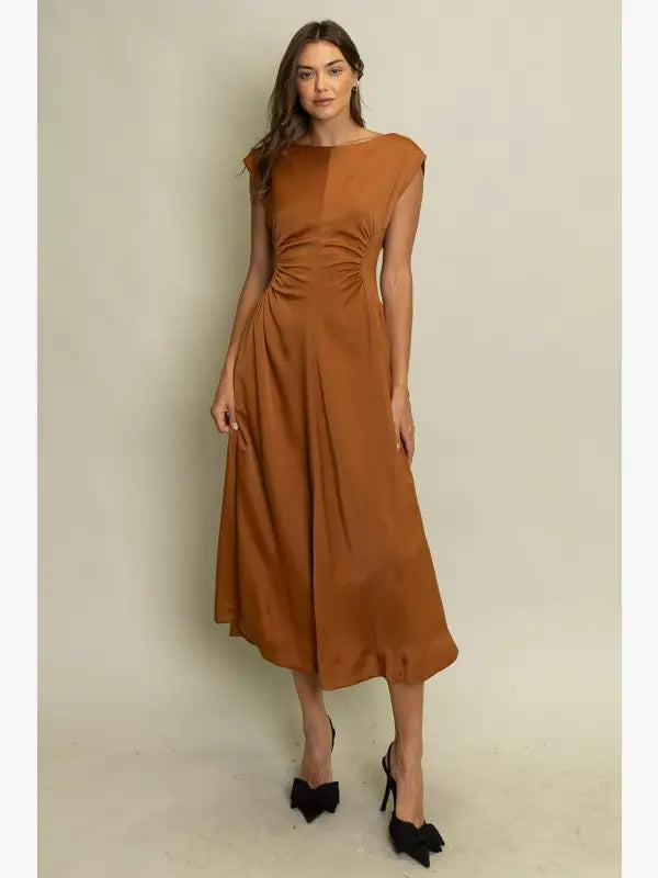 Satin Ruched Waist Midi Dress in Copper