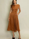 Satin Ruched Waist Midi Dress in Copper