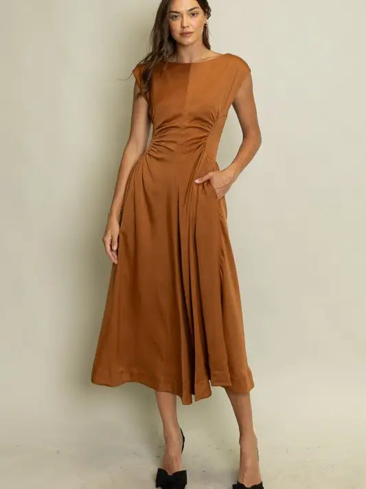 Satin Ruched Waist Midi Dress in Copper