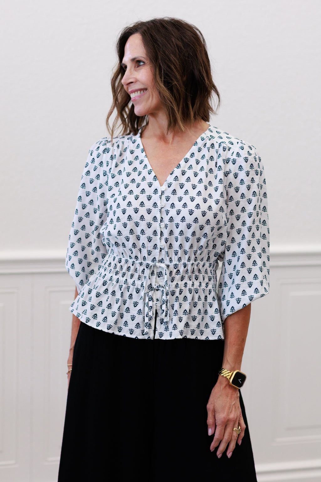 Drawstring Peplum Block Floral Blouse in Navy & White