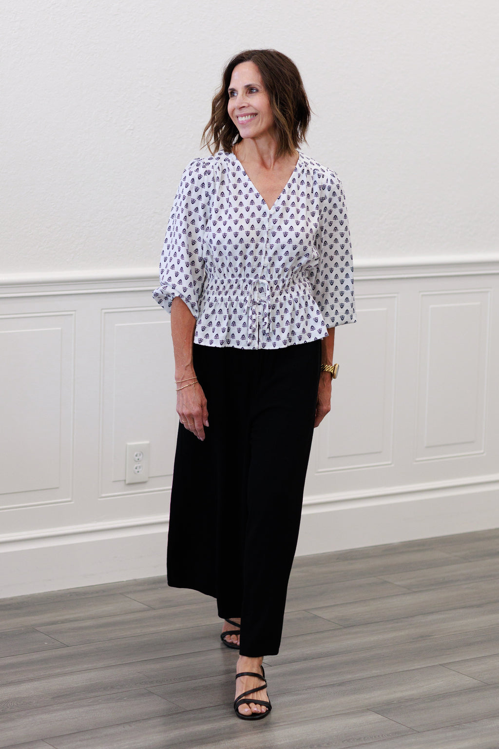 Drawstring Peplum Block Floral Blouse in Navy & White