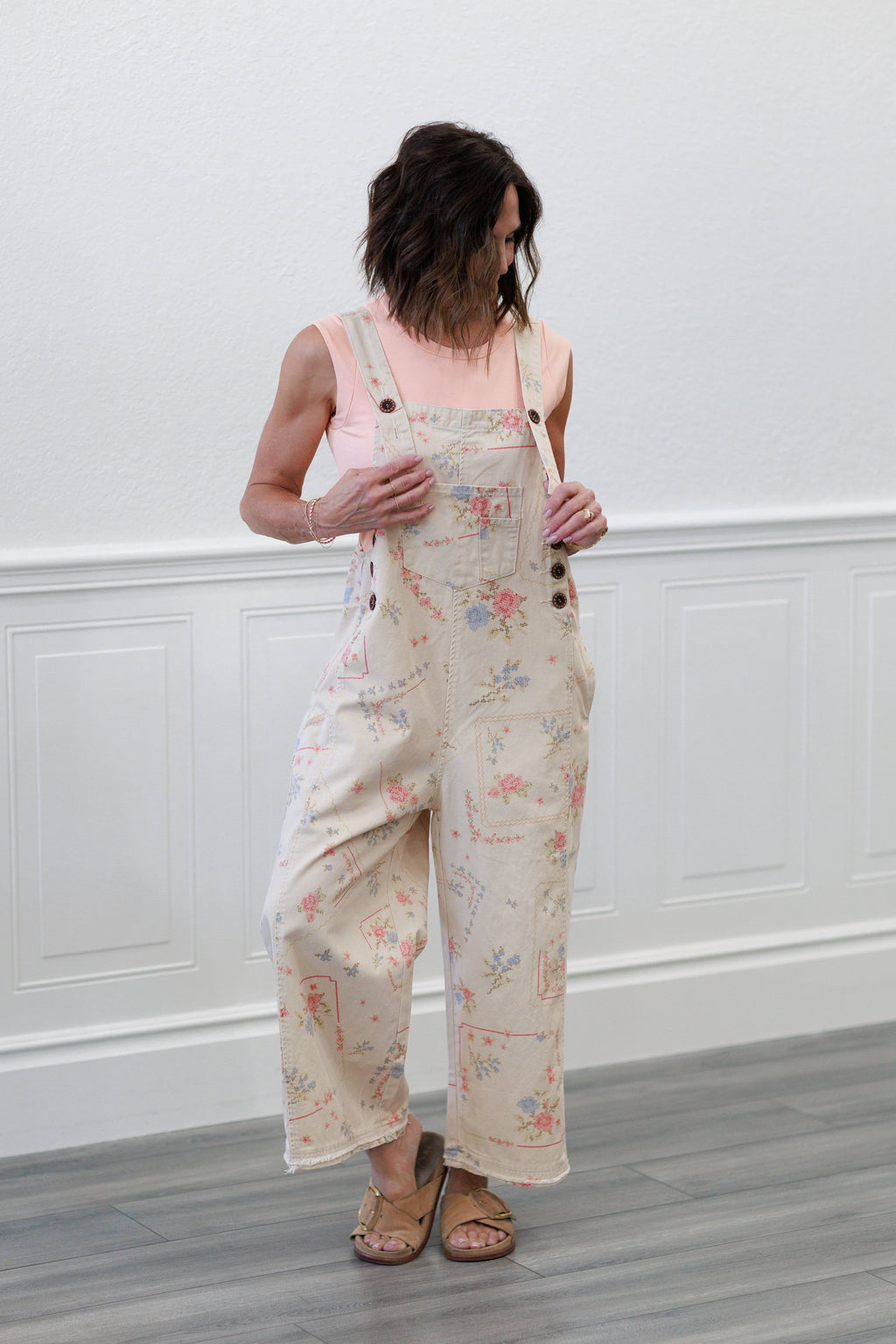 Cross-Stitch Floral Cotton Overalls in Cream