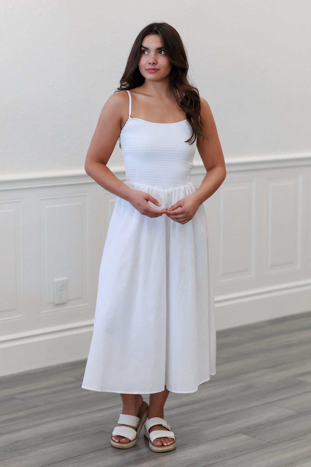 Smocked Cotton Maxi Dress in White