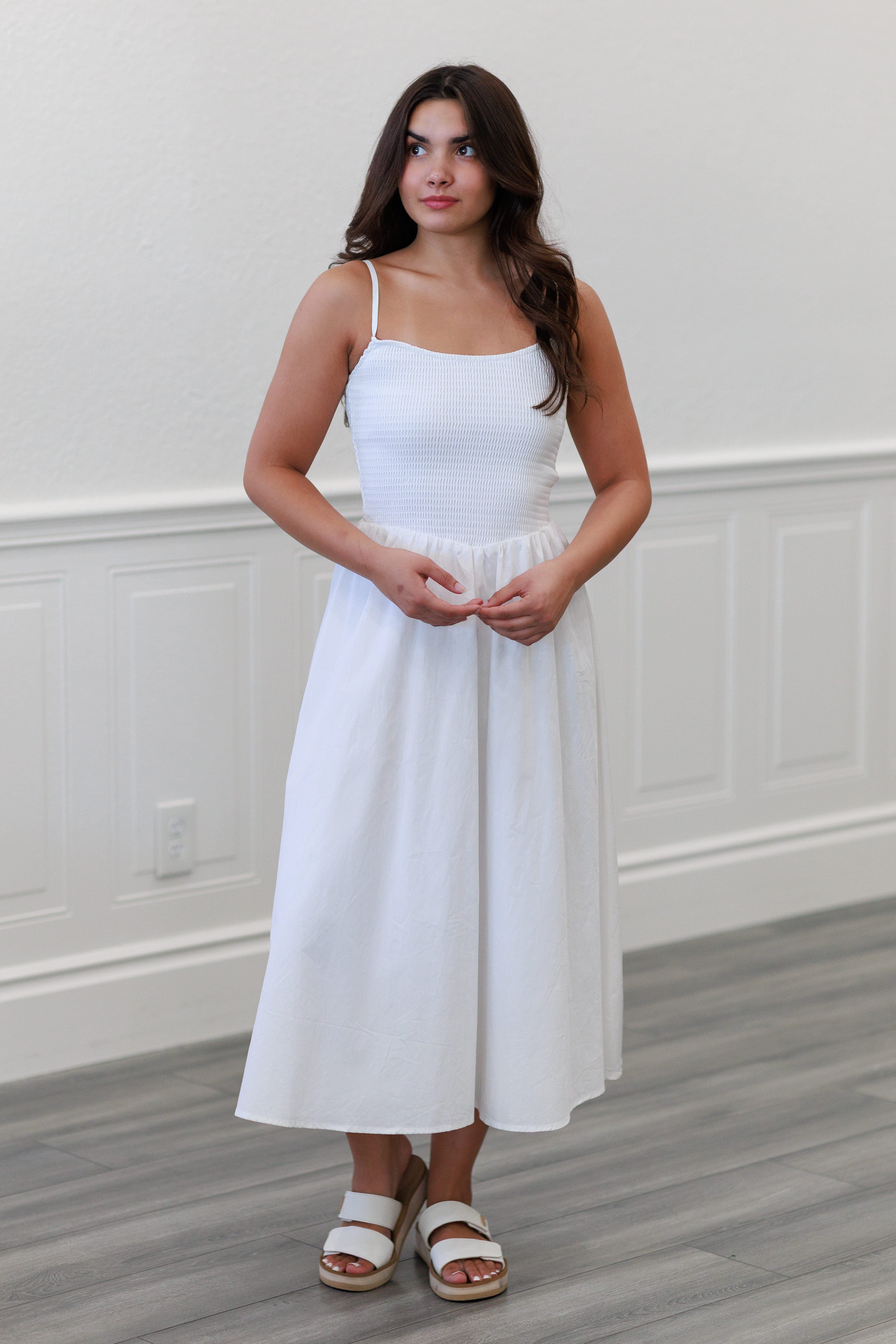 Smocked Cotton Maxi Dress in White