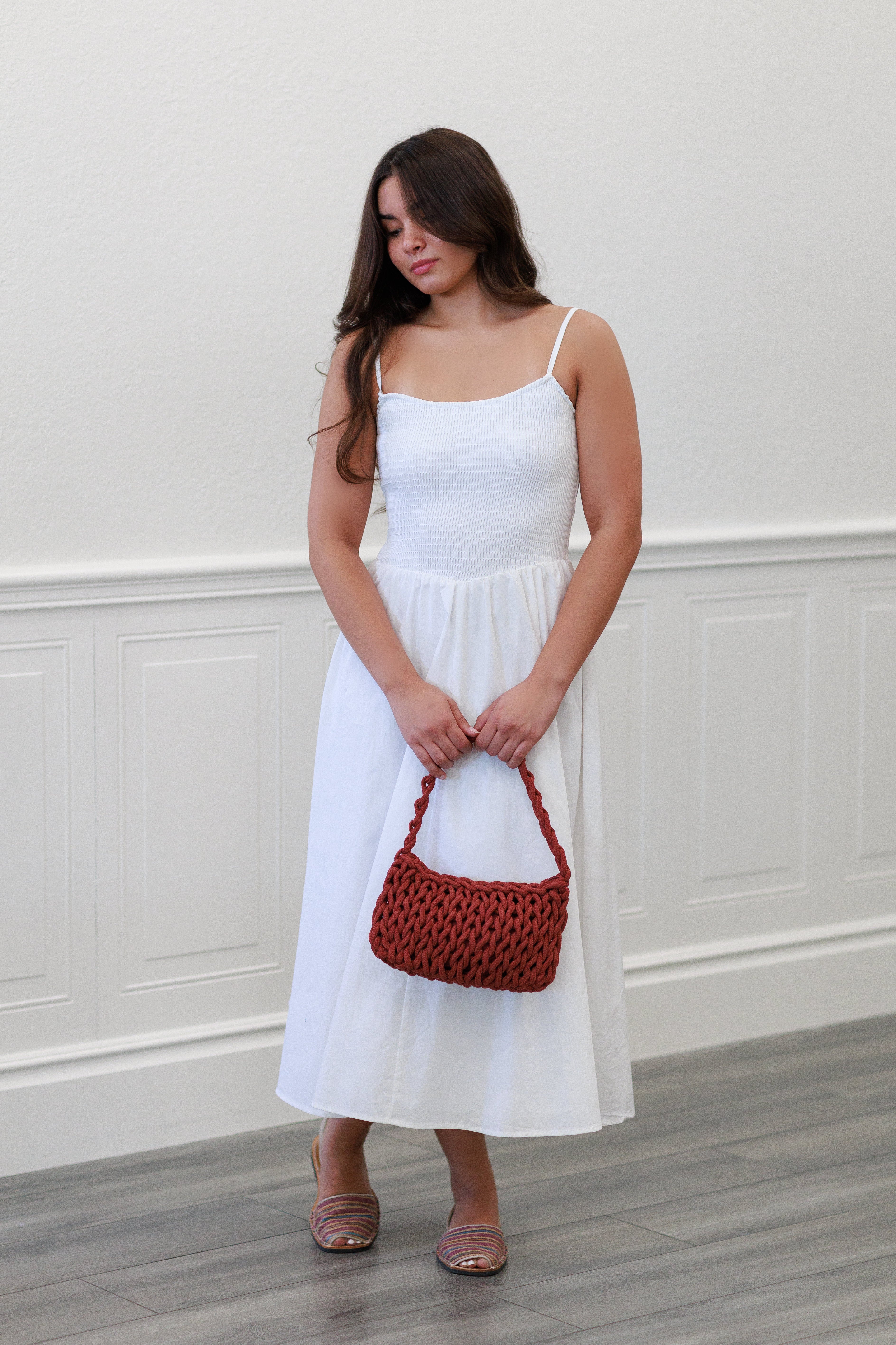 Smocked Cotton Maxi Dress in White