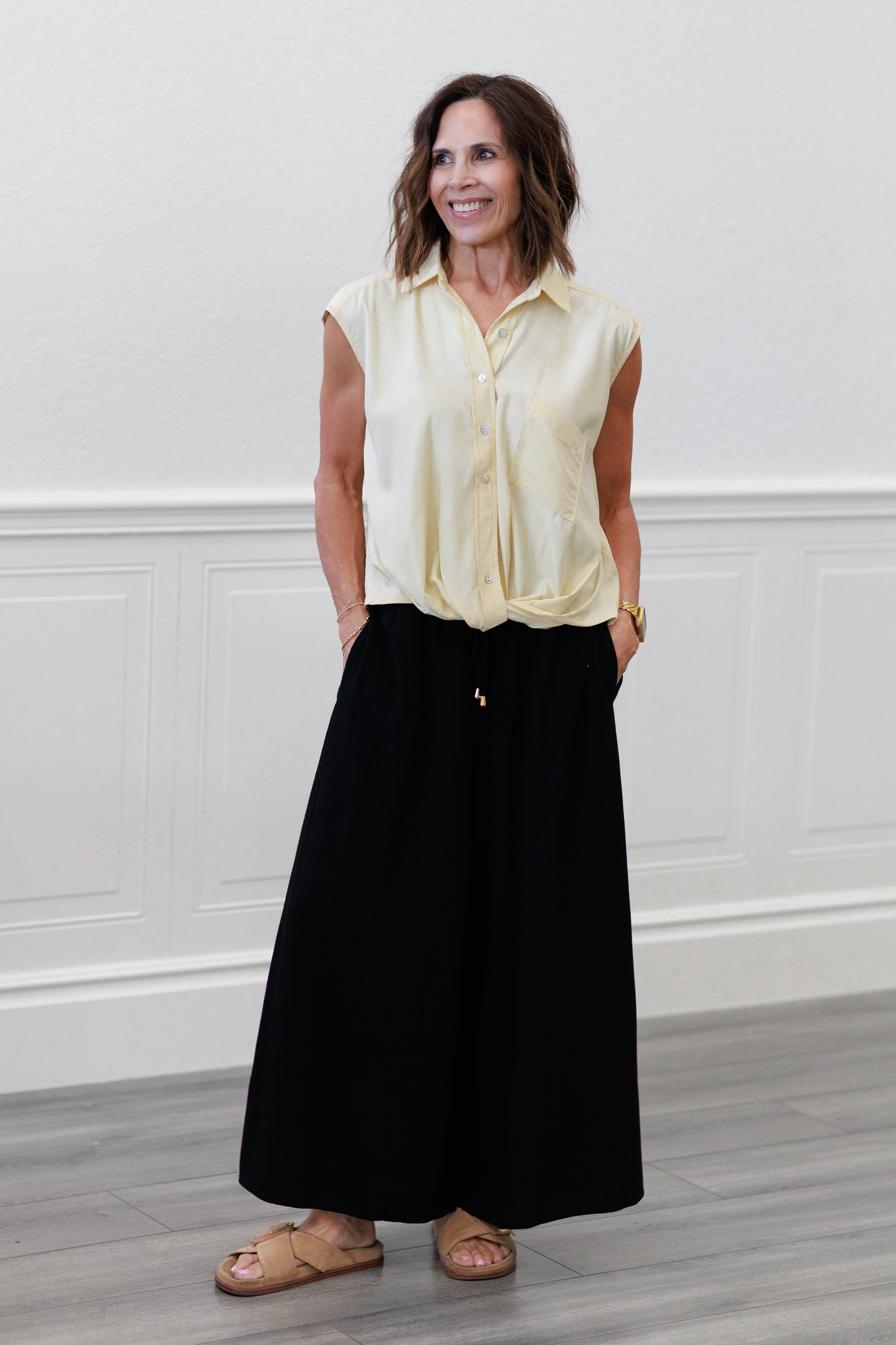 Wide Shoulder Twisted Hem Shirt in Butter Yellow