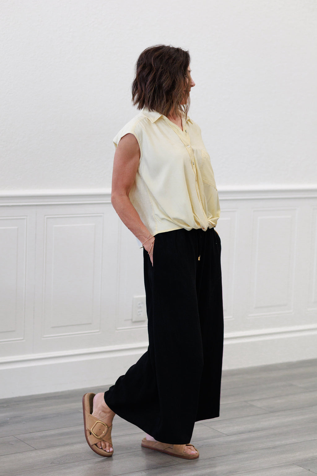 Wide Shoulder Twisted Hem Shirt in Butter Yellow