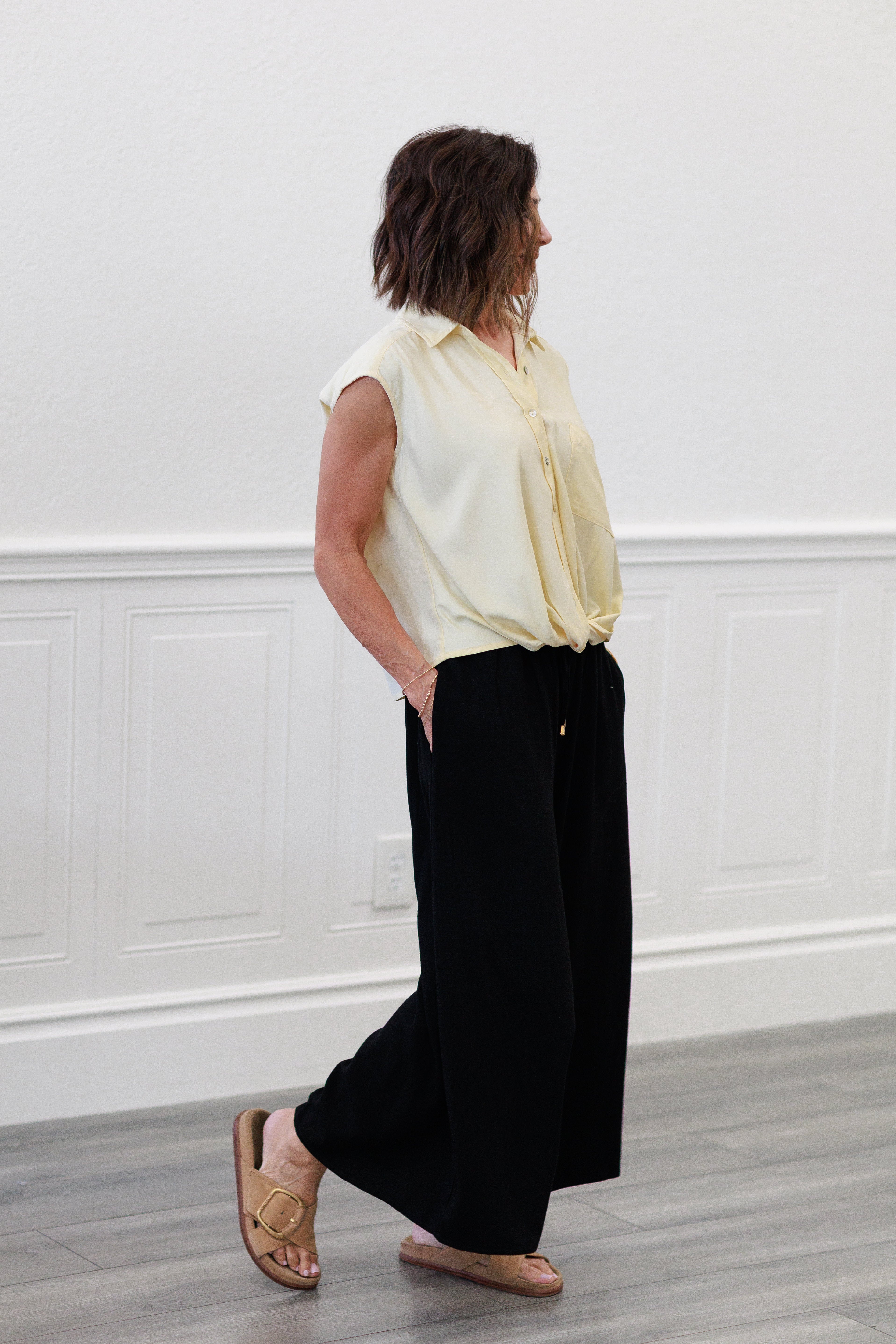 Wide Shoulder Twisted Hem Shirt in Butter Yellow