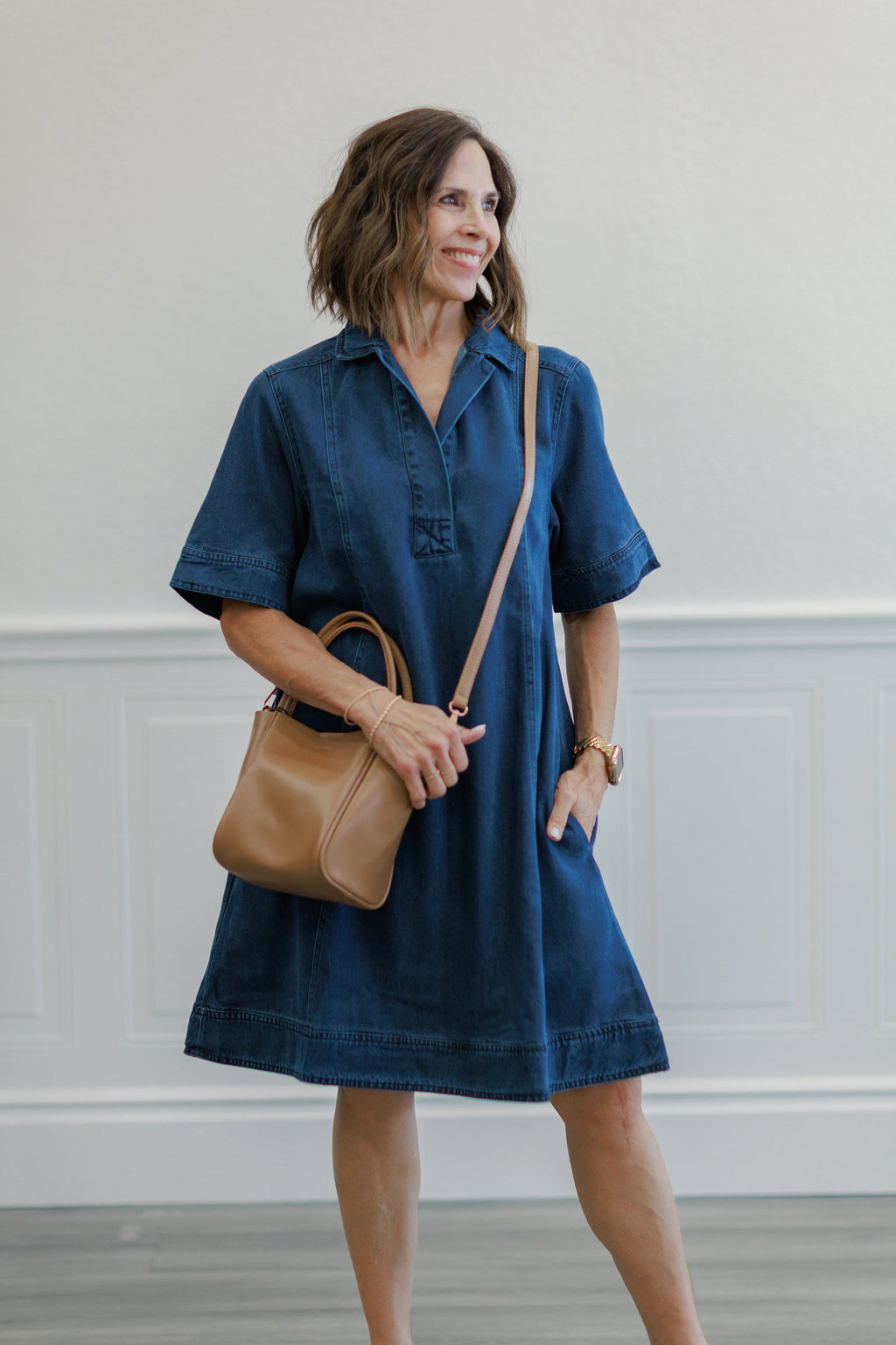 Medium Wash Open Collar Denim Mini Dress
