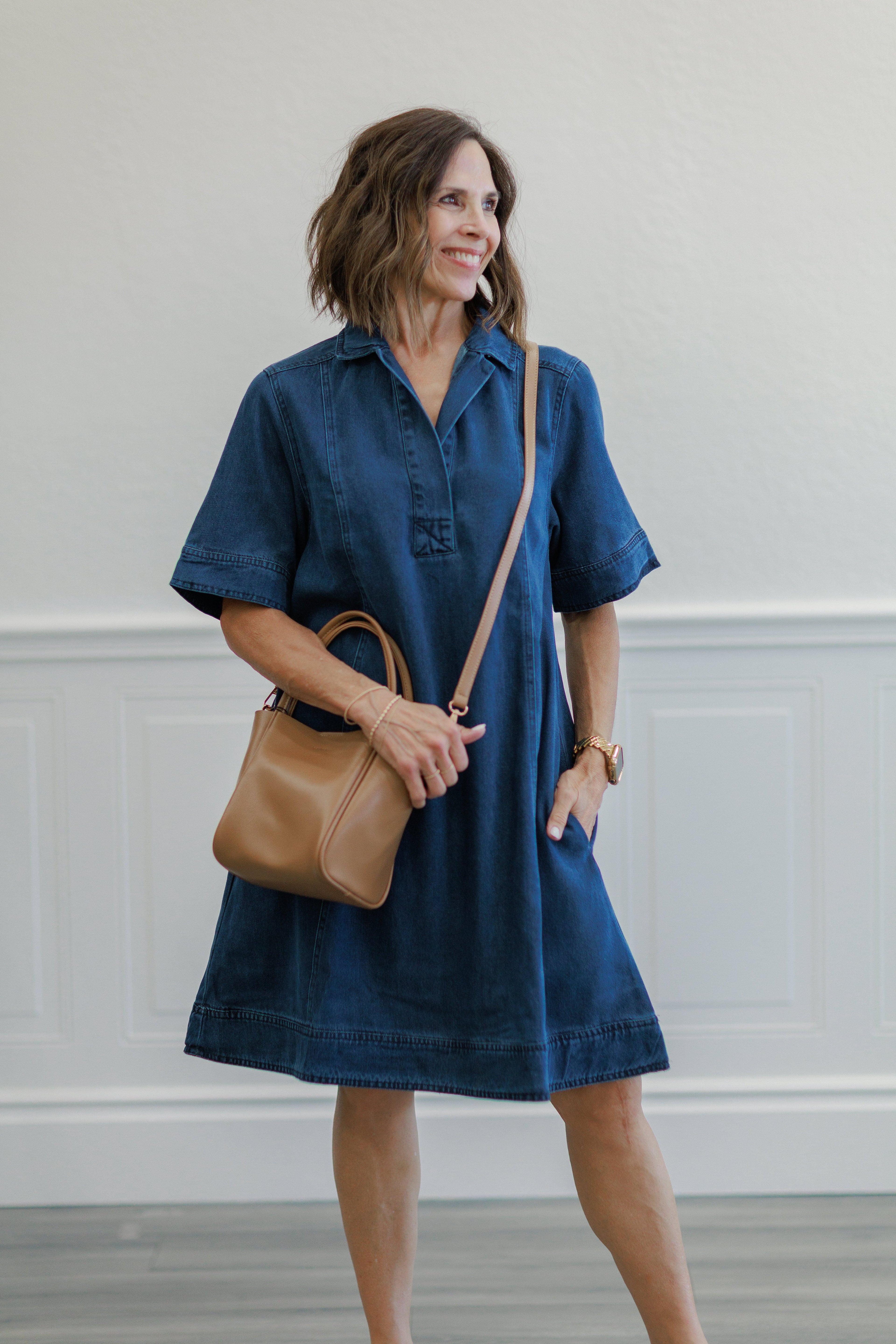 Medium Wash Open Collar Denim Mini Dress