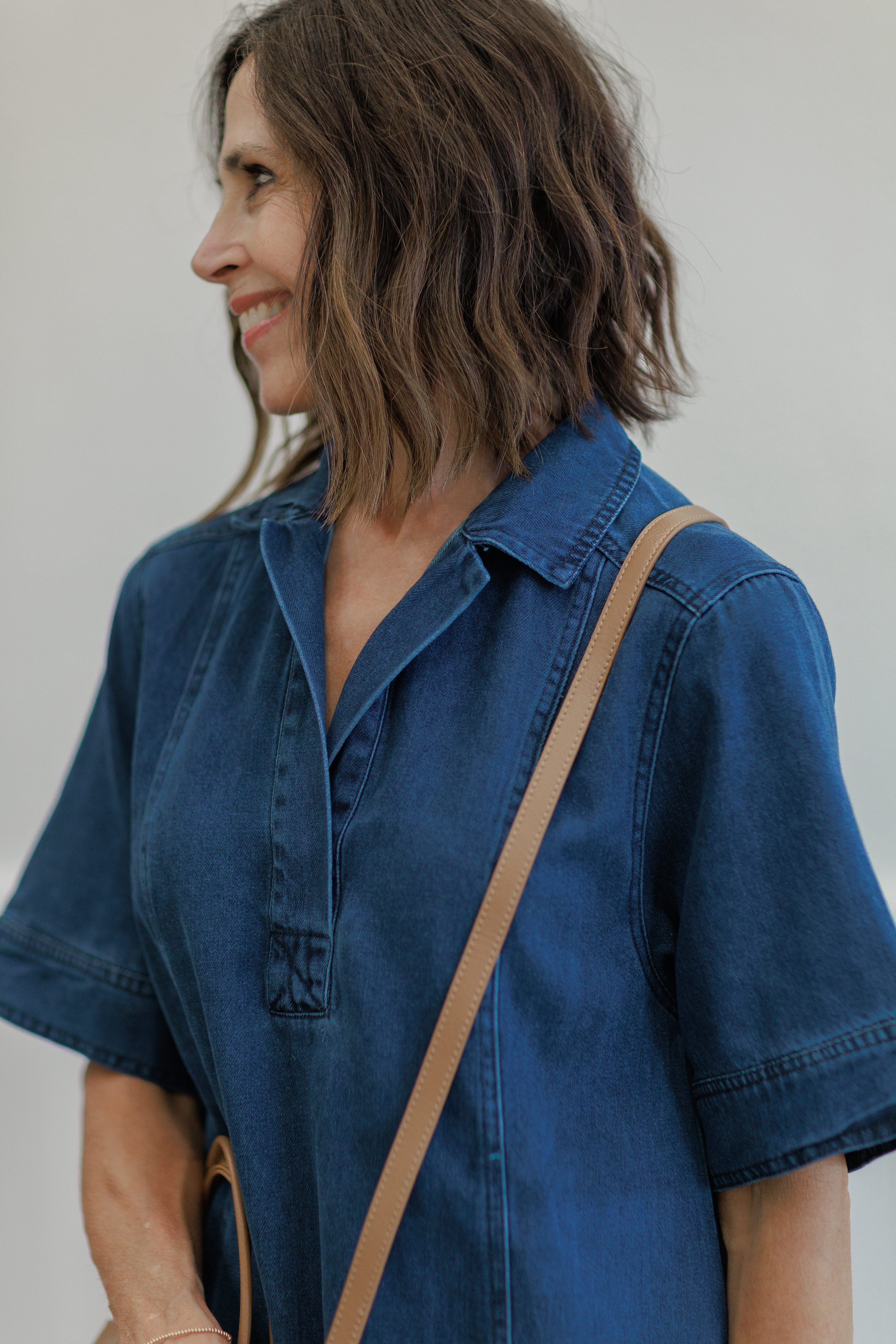 Medium Wash Open Collar Denim Mini Dress