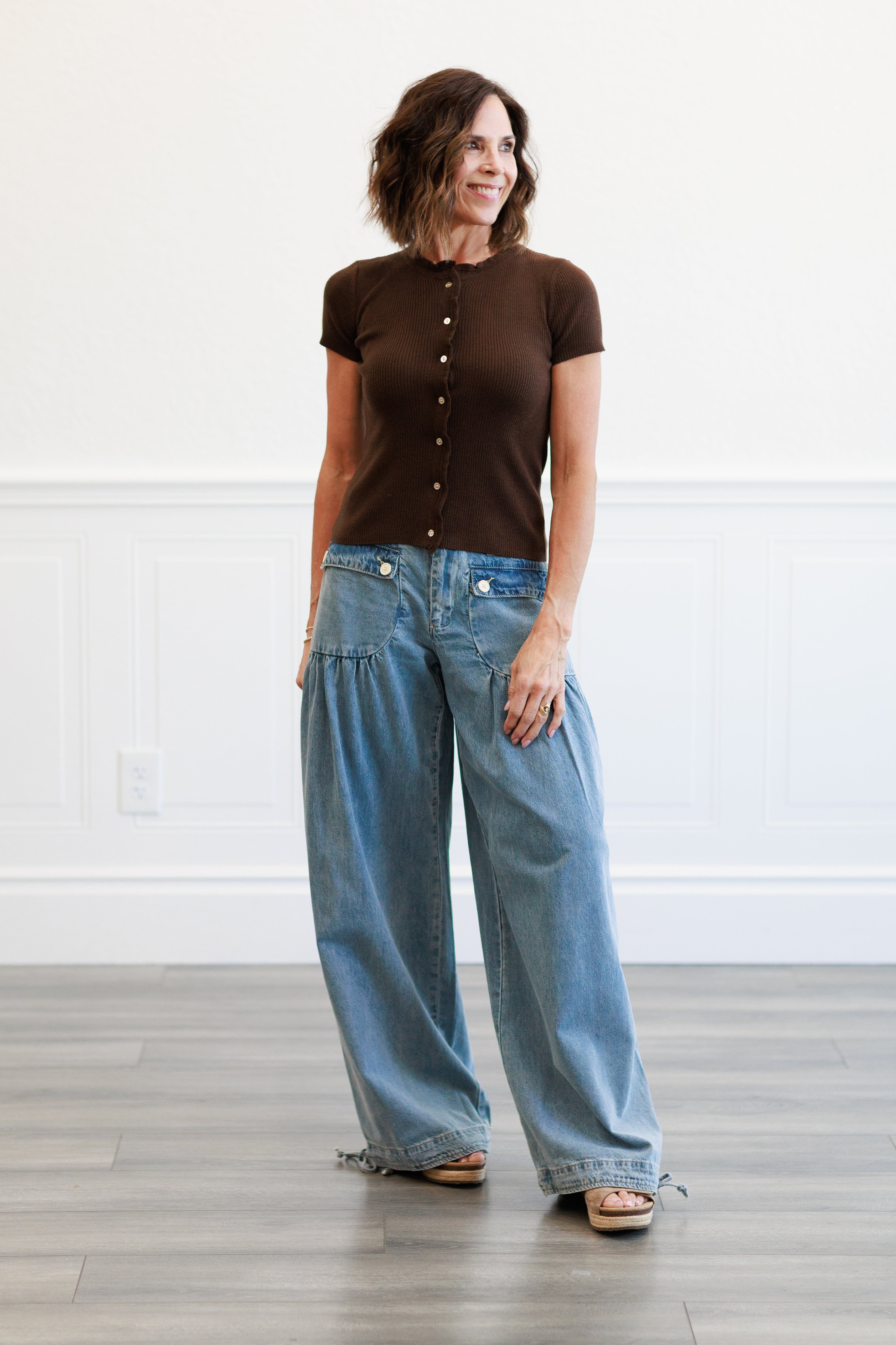 Ribbed Button Front Top in Brown
